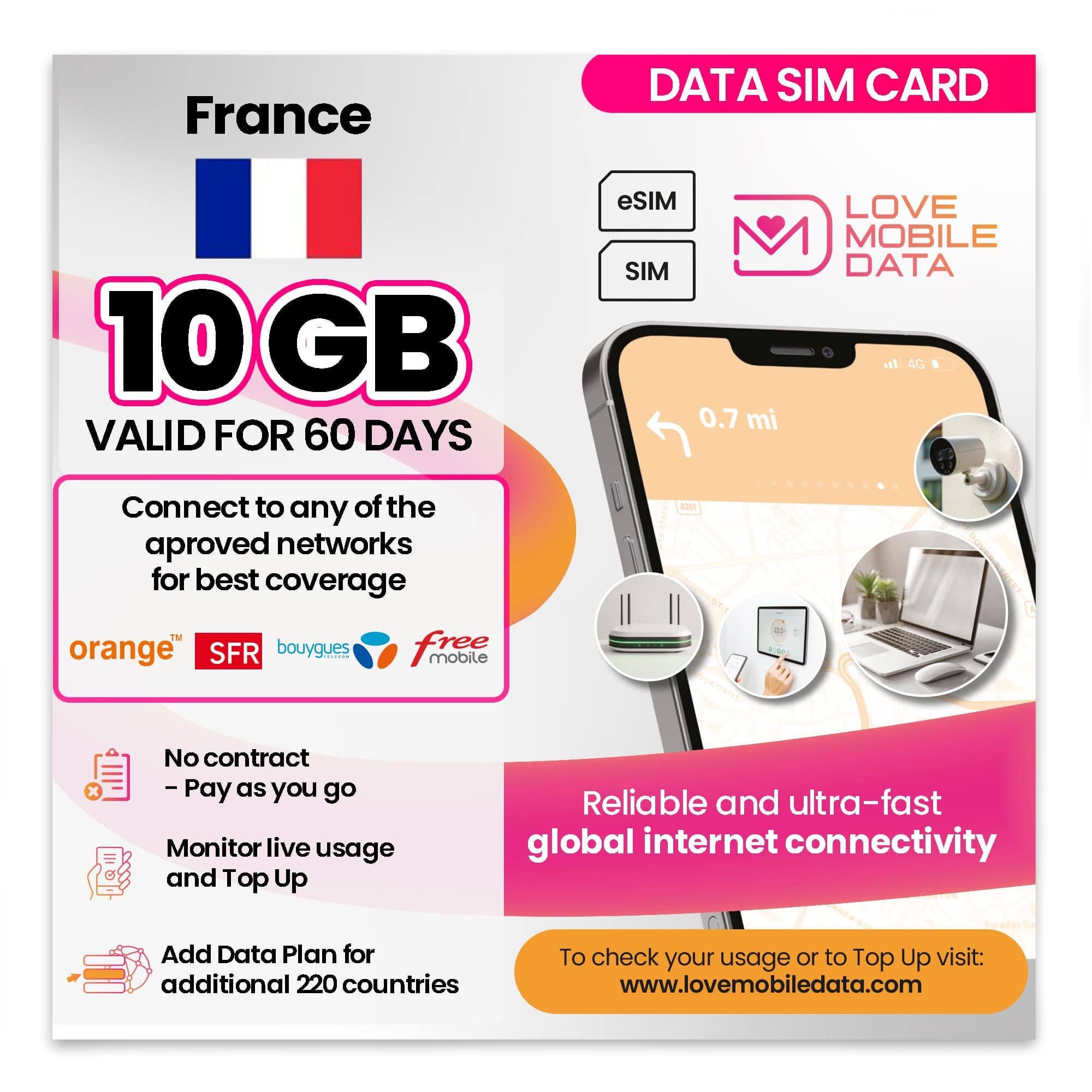 Love Mobile Data Only Sim Card - International Multi-Network 4G/5G Prepaid Pay As You Go Data Sim for Mobile Phones, WiFi Routers, & More, UK (O2, Three & Vodafone) & France - 10GB for 60 Days