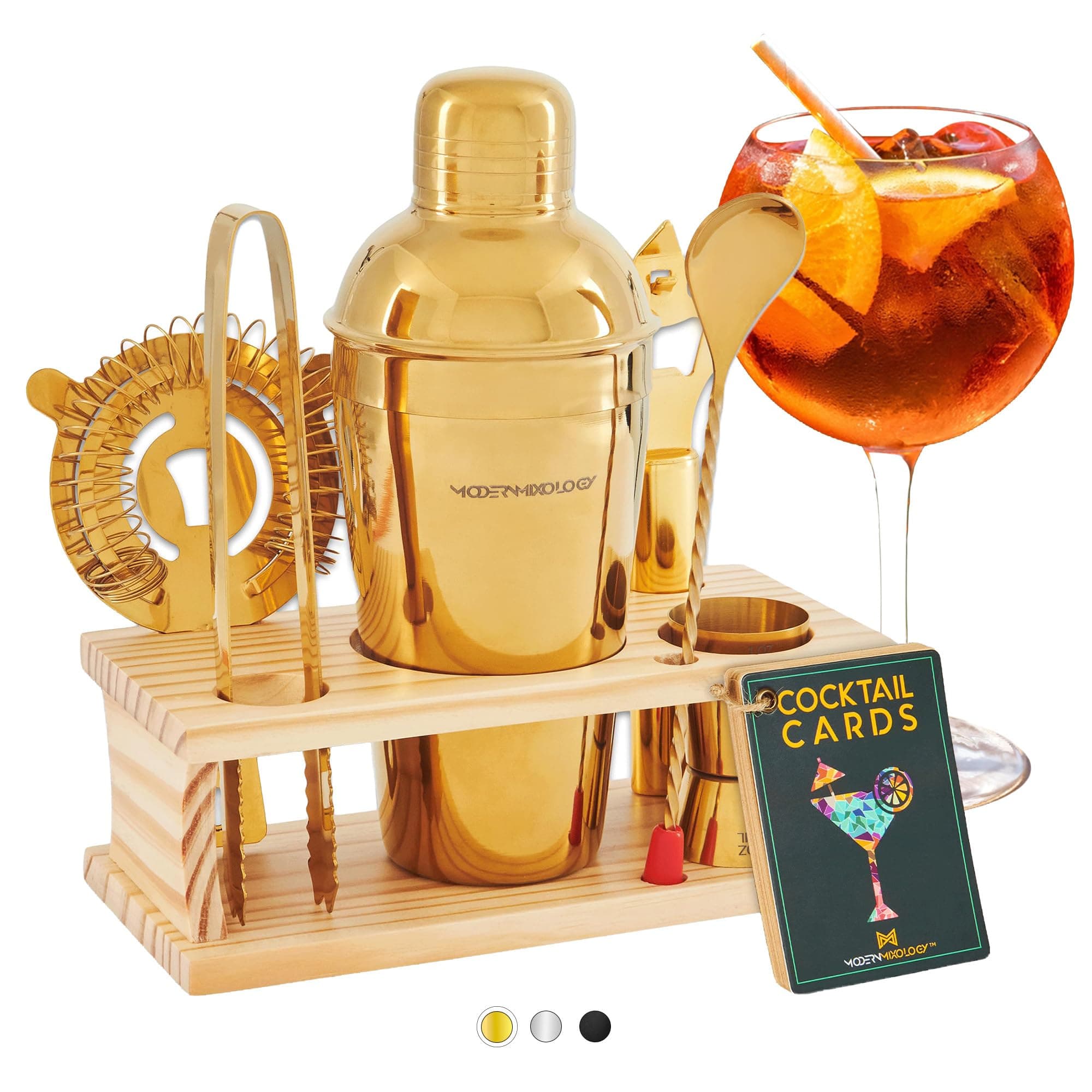 Modern Mixology Cocktail Shaker Set - Bartender Kit with Pine Stand | Leak-Proof Design | Includes Martini Shaker, Jigger, Strainer, Spoon, Tongs | Perfect Bar Tools Gift for Home Mixology (Gold)