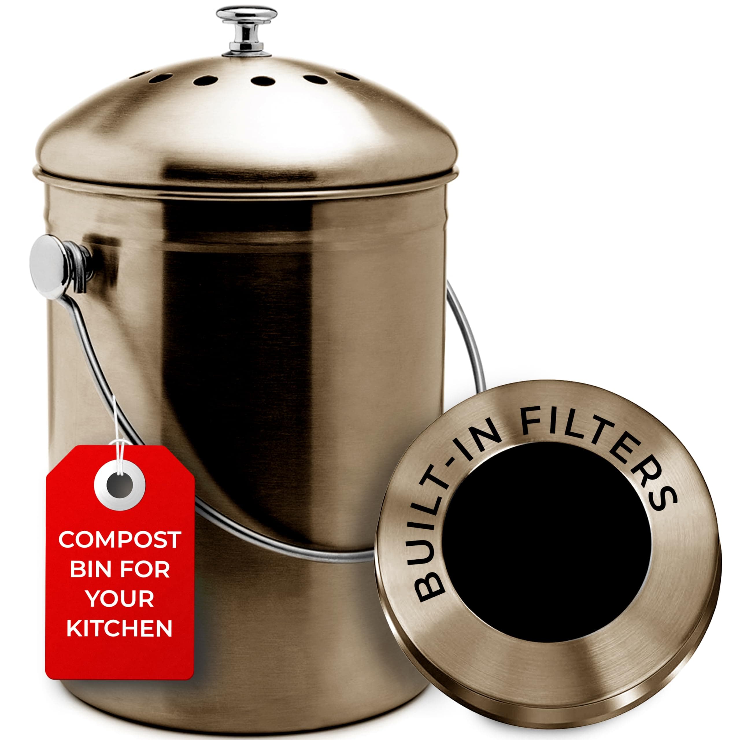 Countertop Compost Bin Kitchen | 1.3 Gallon | Odorless Composting Bin with Carbon Filters | Indoor Compost Bin with Lid | Stainless Steel Kitchen Composter for Food Scraps & Waste Recycling