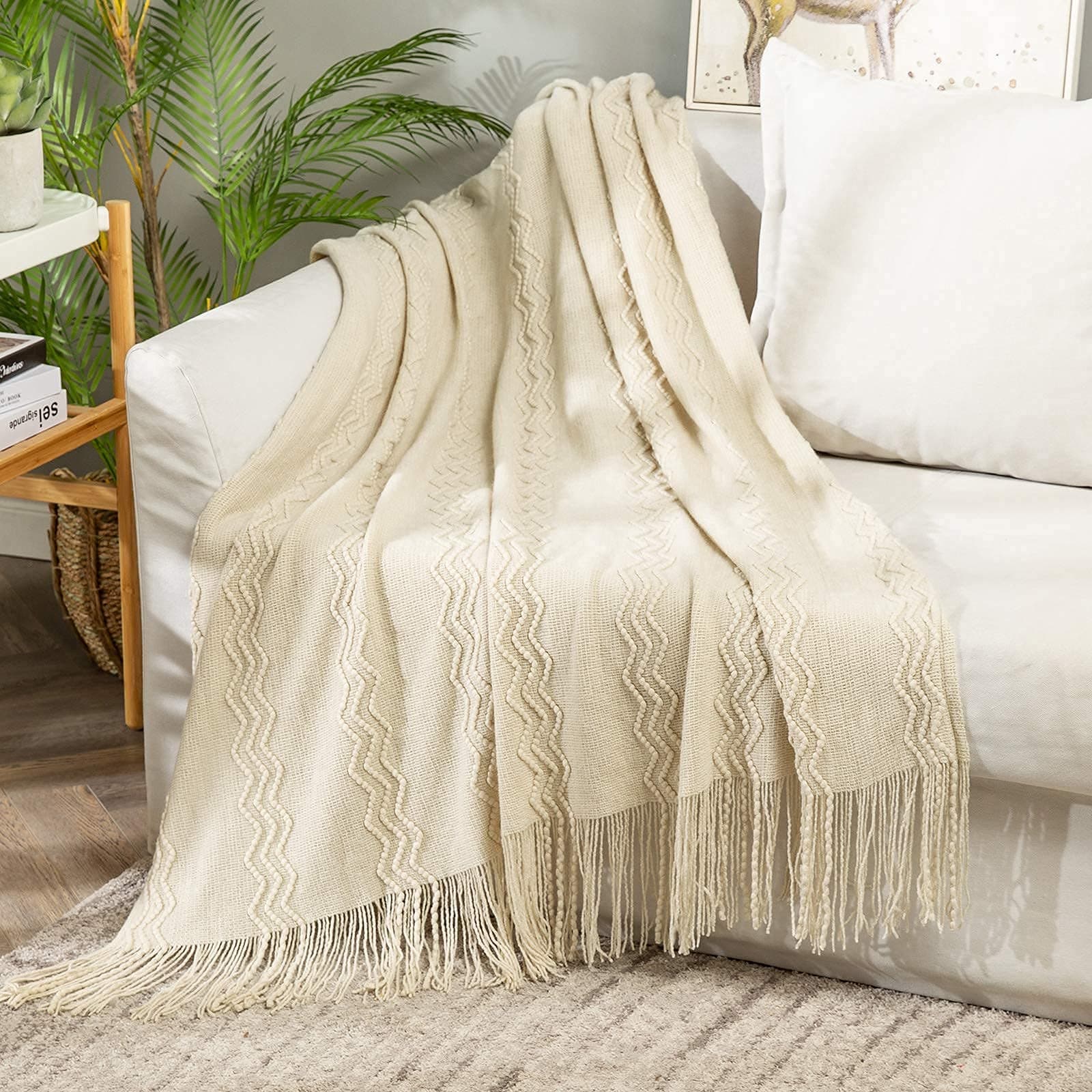 MIULEE Knitted Beige Throw Blanket Soft Sofa Knit Blanket for Couch 50 x 60 Inches, Solid Cozy Lightweight Wave Pattern Decorative Blankets with Tassels for Women, Kids and Babys