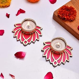 CraftVatika Handmade Lotus Tealight Candle Holder Set of 2 for Diwali Home Navratra Onam Decoration Diwali Diya Tealight Candle Holder (Including Tealight) (Golden, 8.8 CM Length) (Set of 2)