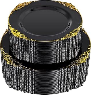 102PCS Black and Gold Plastic Plates - Black Disposable Plates - Heavyweight Disposable Plate with Gold Rim - Fancy Dinner & Dessert Plate for 51 Guests Weddings & Party