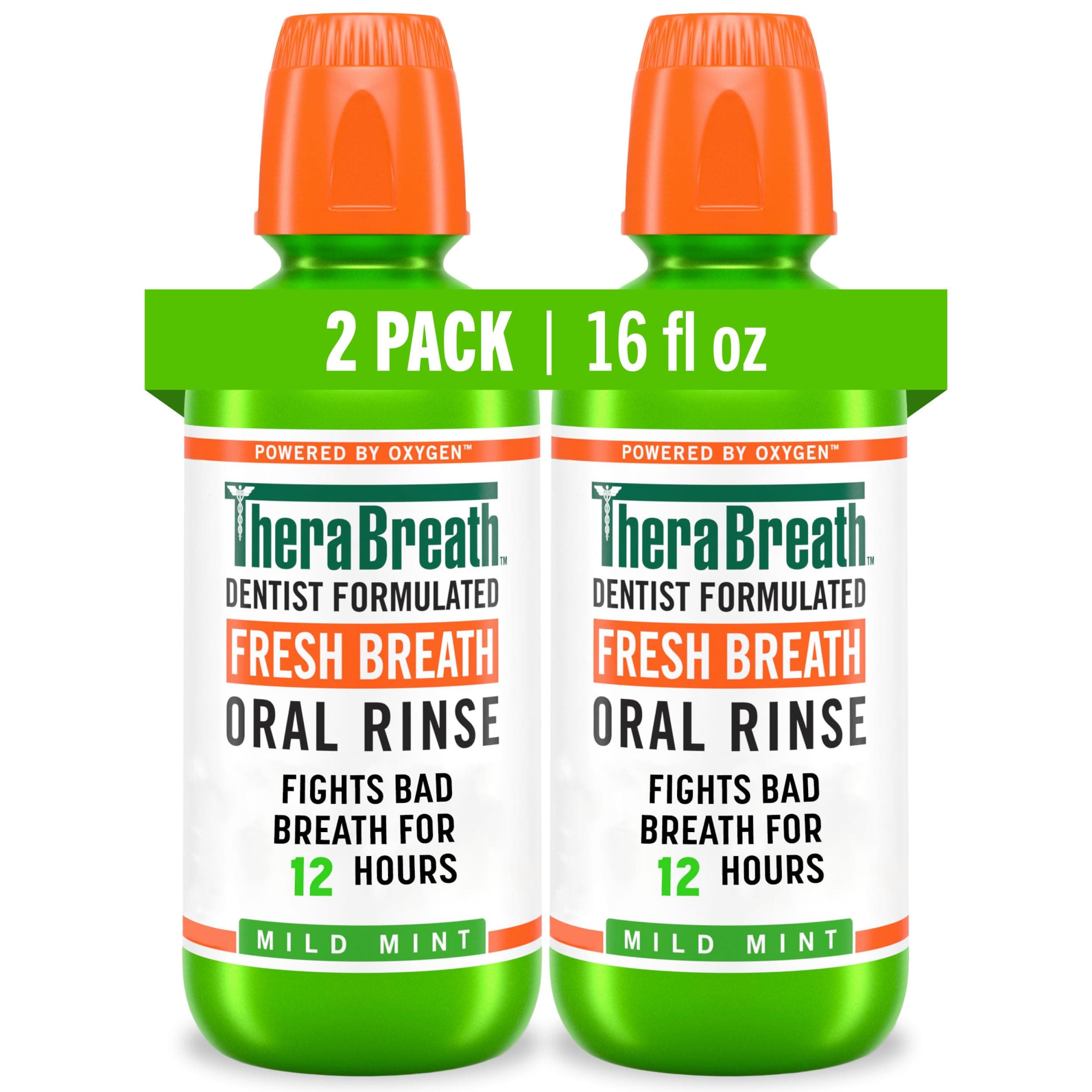 TheraBreath Fresh Breath Mouthwash, Mild Mint Flavor, Alcohol-Free, 16 Fl Oz (2-Pack)