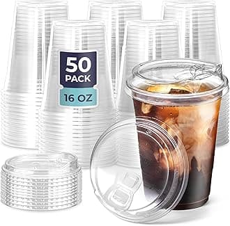 [50 Pack] Disposable Strawless Plastic Cups with Lids - 16 Oz Clear Plastic Cups and Sippy Cups Lids, Perfect Eco-Friendly To Go Cups for Iced Coffee, Smoothies, Soda Party Drinks and Cafe Essentials