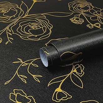 Rylan 45 * 900 Peel and Stick Wallpaper Gold and White Contact Paper Floral Wallpaper Self Adhesive Removable Wallpaper for Bedroom Covering Vinyl Rolls(Black & Gold)