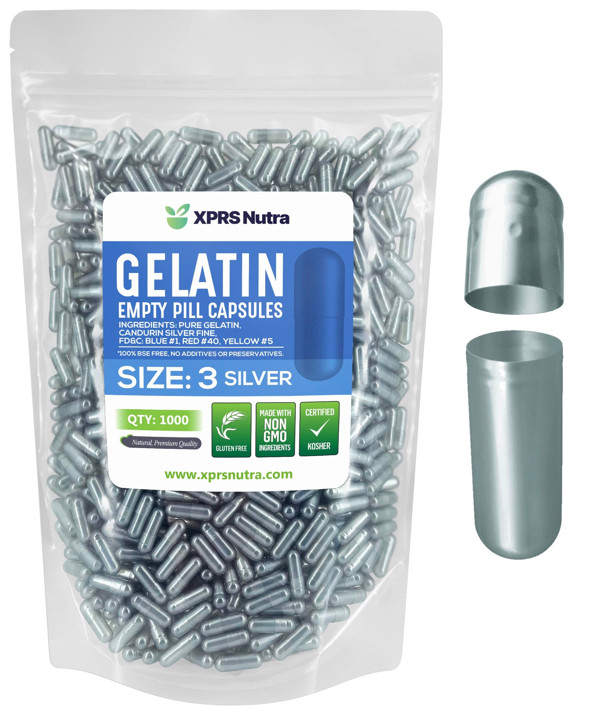 XPRS Nutra Size 3 Empty Capsules - 1000 Count Empty Gelatin Capsules - Pills DIY Capsule Filling - Pure Bovine Pill Gel Caps for Do-It-Yourself Supplements (Silver)