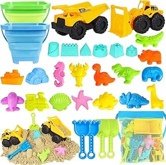 Beach Toys, Sand Toys for Kids Boys and Girls with 2 Construction Vehicle, 2 Collapsible Bucket, Sand Castle Building Kit, Sand Molds, Mesh Bag, Outdoor Toys for Kids Ages 4-8