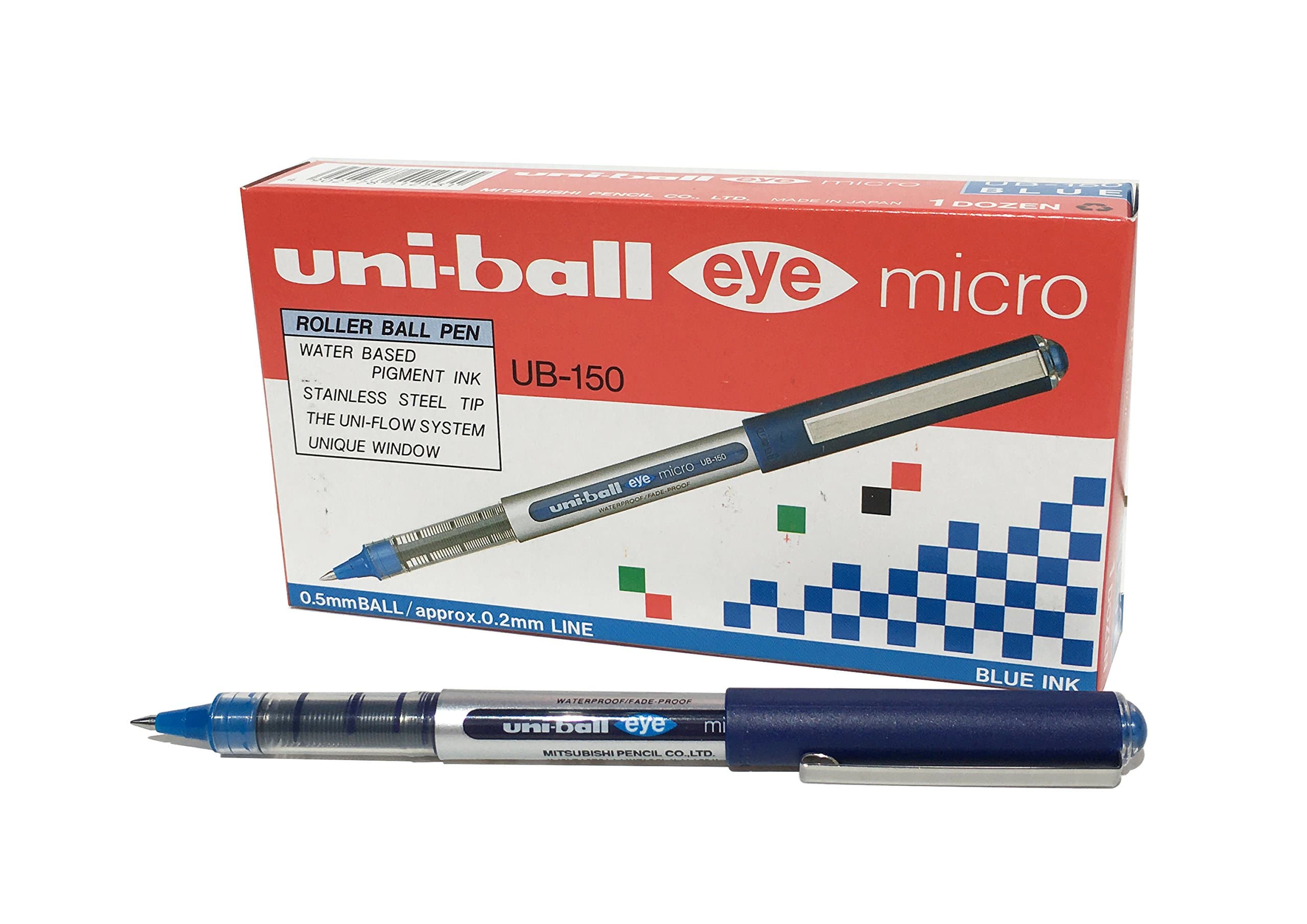 UB-150 Eye Micro Rollerball Pens, Blue Uni Super Ink, .5mm Nib, Box of 12