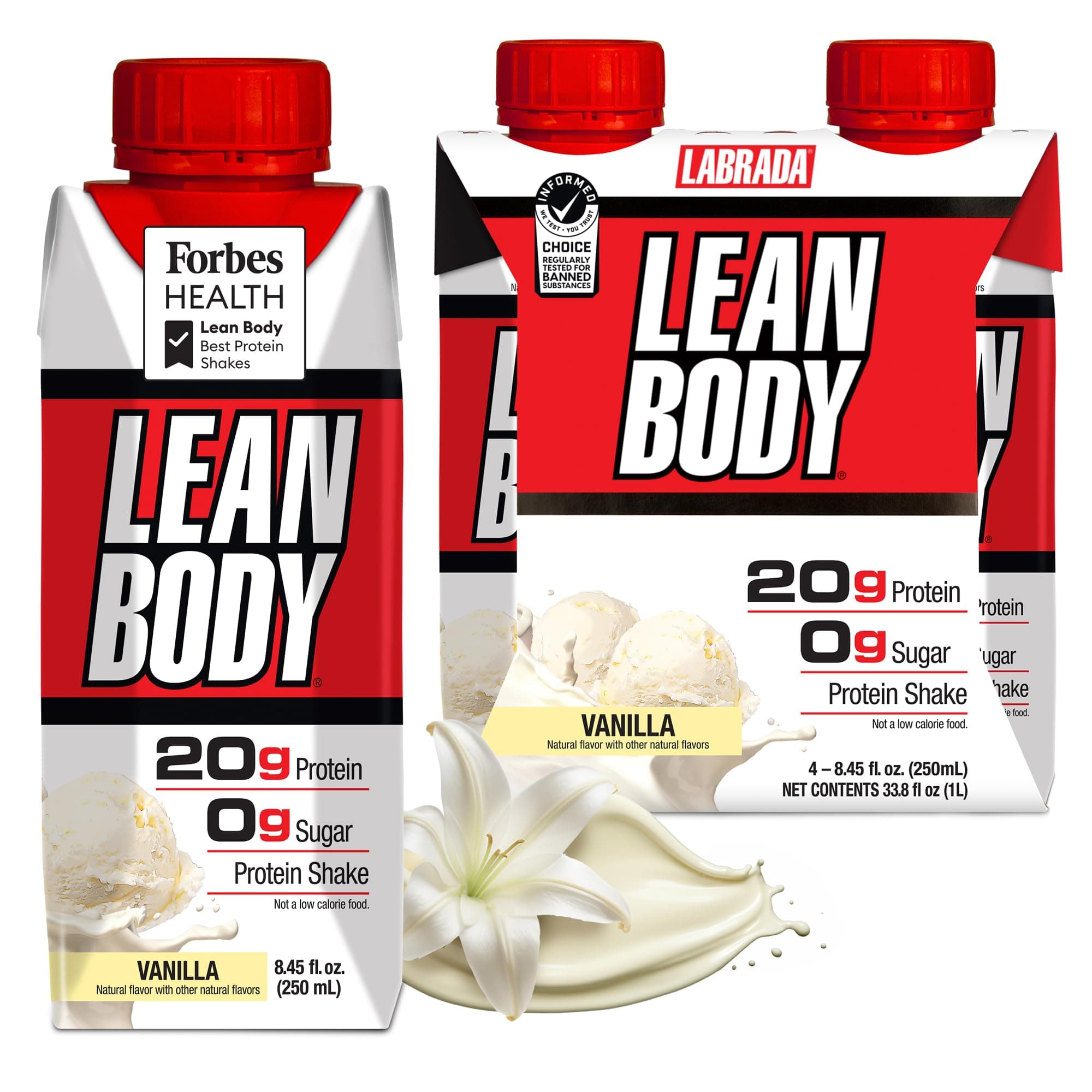 Labrada Lean Body Ready-to-Drink Vanilla Protein Shake, 20g Protein, Whey Blend, 0 Sugar, Gluten Free, 22 Vitamins & Minerals, (Recyclable Carton & Lid - Pack of 4)