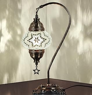 DEMMEX Turkish Moroccan Mosaic Table Lamp – Handcrafted Tiffany-Style Colorful Glass Swan Neck Bedside, Desk, Table Light, Boho Artisan Accent Lighting for Bedroom or Living Room – 15" H, White Clear