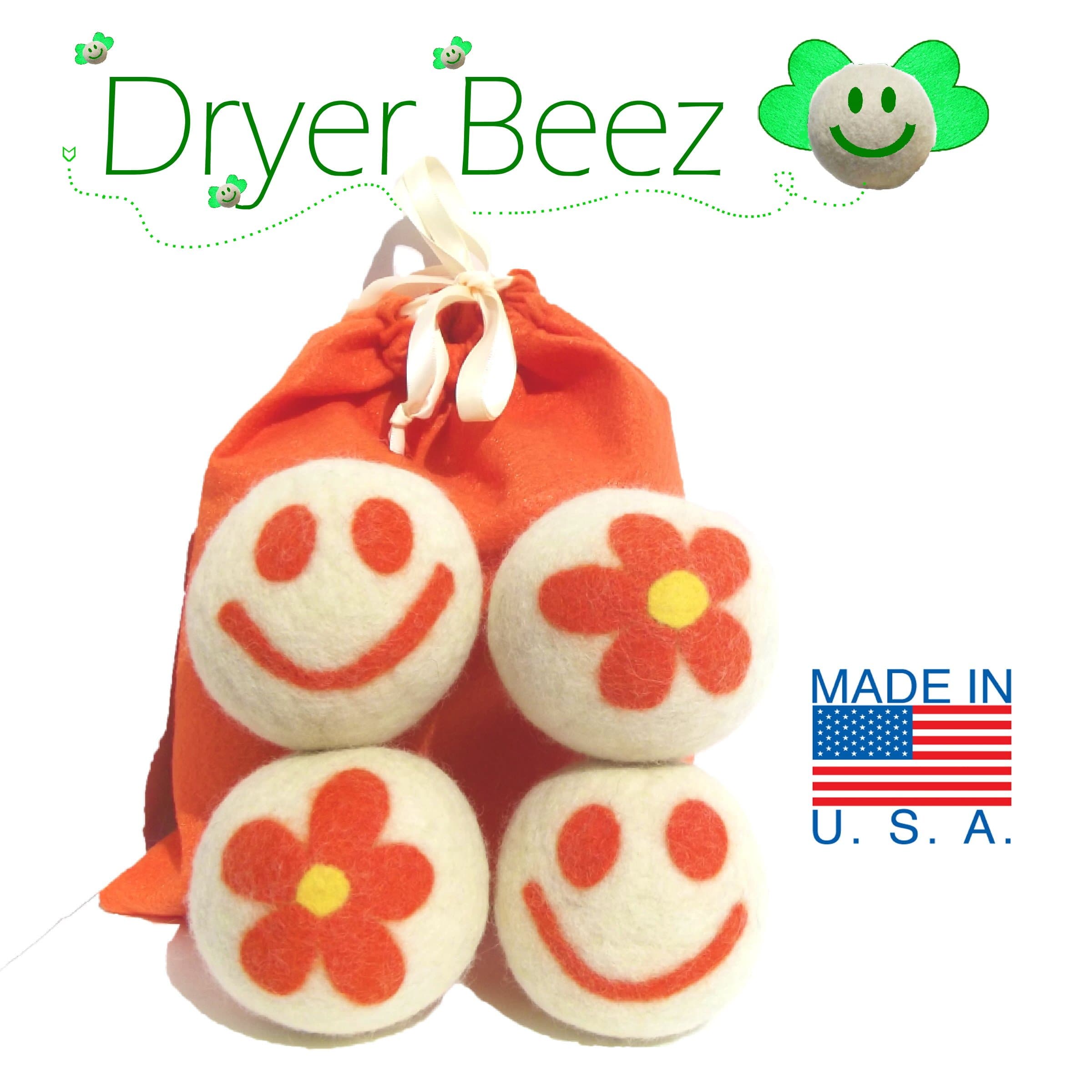 4 Orange Happy Face Combo Flower Design with Free Felt Gift Bag, Eco-Friendly 100% Wool Dryer Balls Premium Wool Dryer Beez