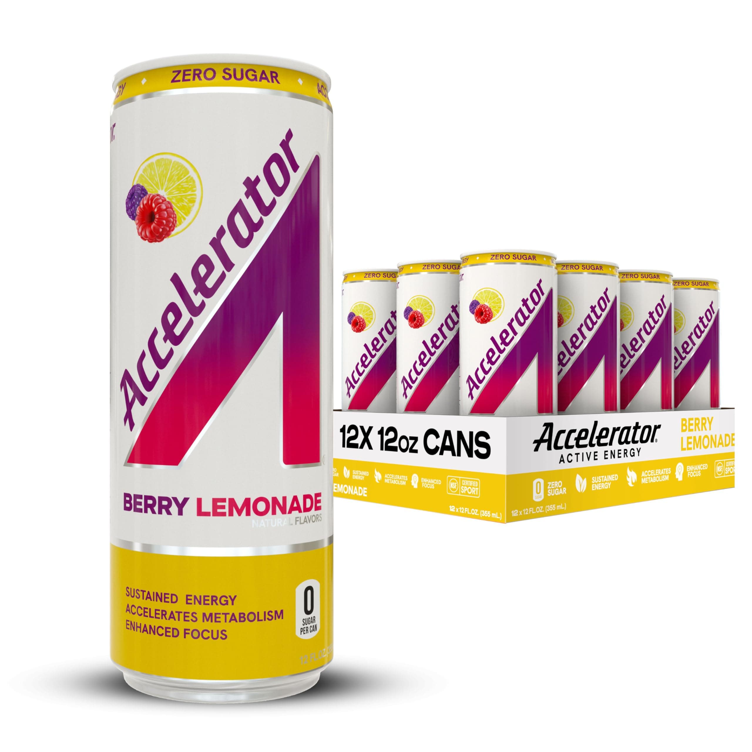 Energy Drink, Berry Lemonade 12oz can (12 pack), Zero Sugar, Sustained Energy from 100% Natural Caffeine (200mg from Green Coffee Bean & Green Tea extract)
