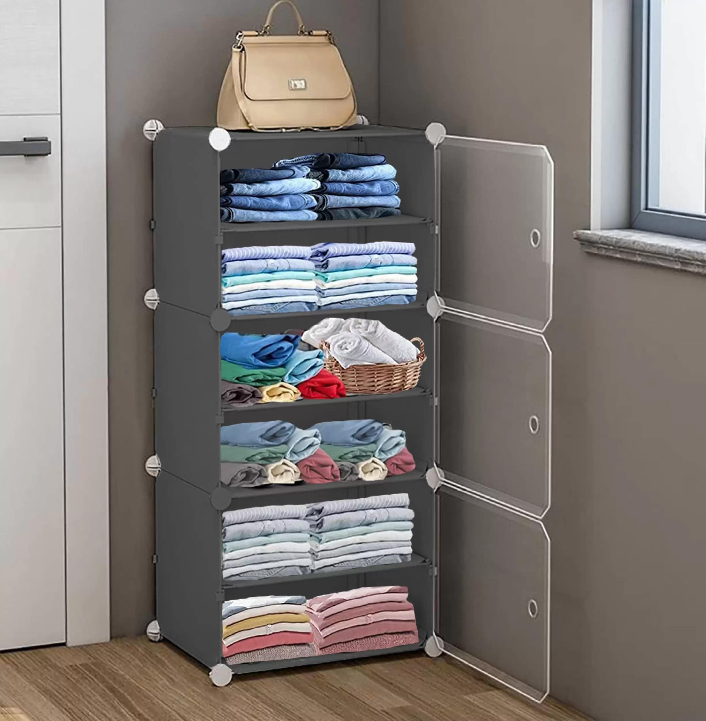 AYSIS Plastic Rack For Storage,Foldable Wardrobe For Clothes,Collapsible Wardrobe,Kitchen Cupboard,Storage Wardrobe,Cupboard For Clothes Plastic(Grey,6-Shelf-3-Door),44 Centimeters,32 Cm,158 Cm