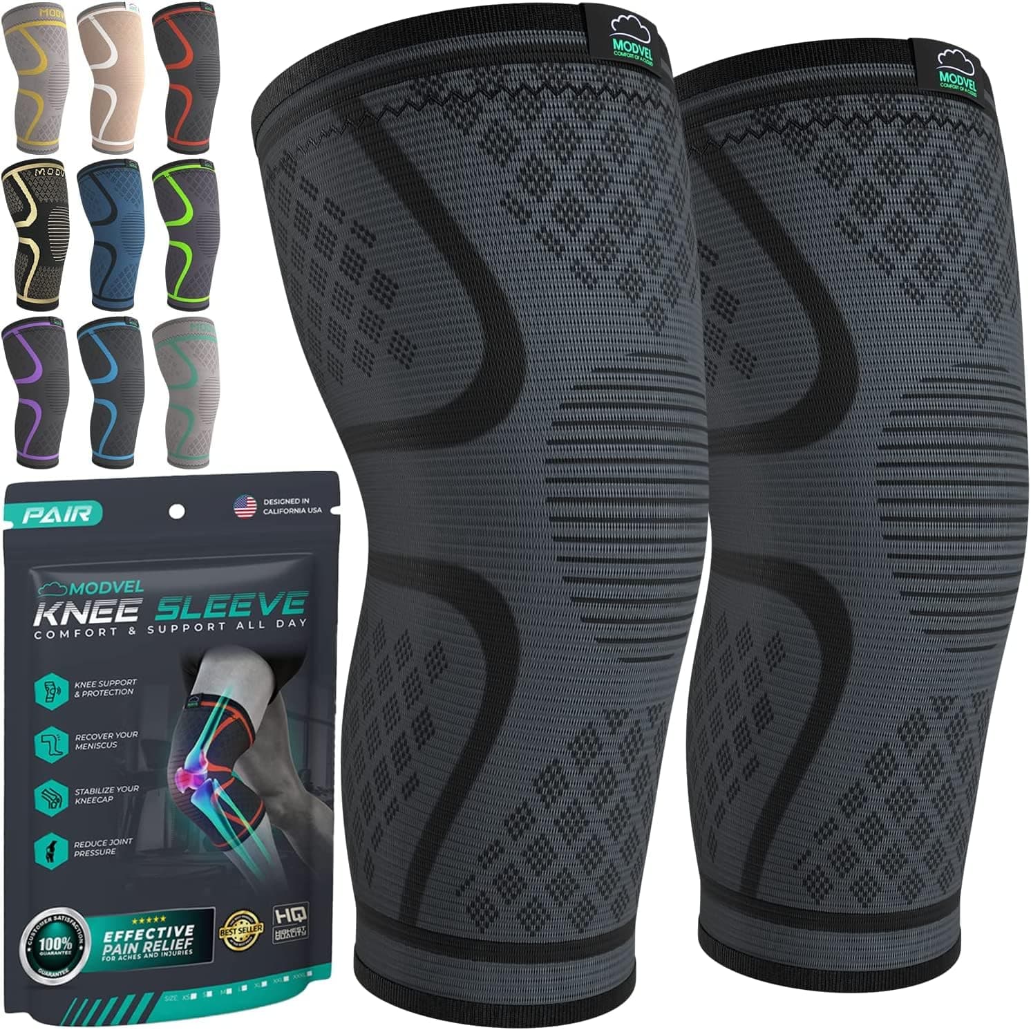 MODVEL Knee Brace 2 Pack Knee Compression Sleeves (Unisex) | Running, Sports, Hiking, Basketball, Tennis (MV-111-M-BLACK)