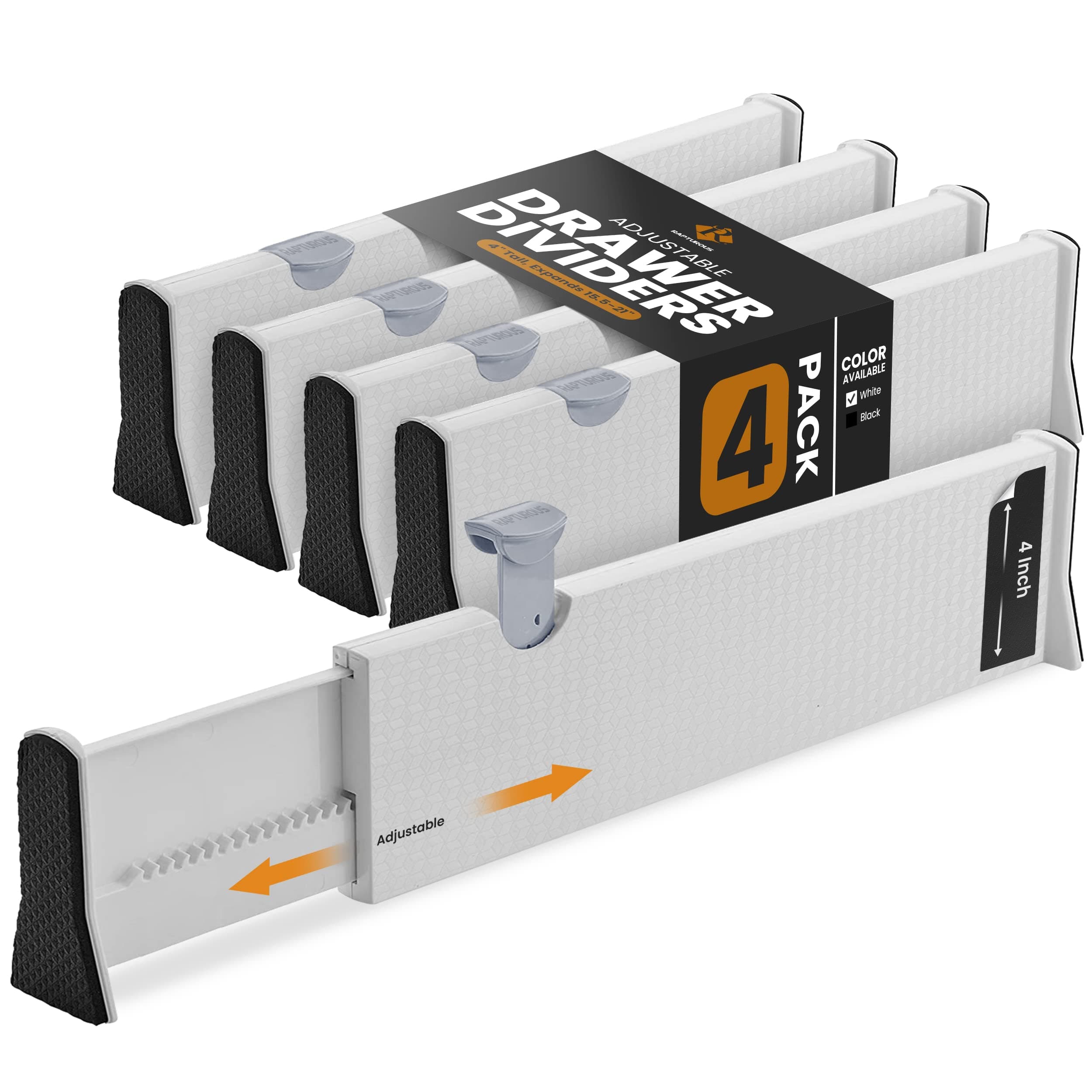 RAPTUROUS Adjustable Drawer Dividers 4 Pack, 4” High, 15.5-21” Long, Dresser Drawer Divider for Bedroom, Closet, Kitchen, Nursery Organization, Office, Strong & Sturdy Hold, Soft Foam Edges（White）