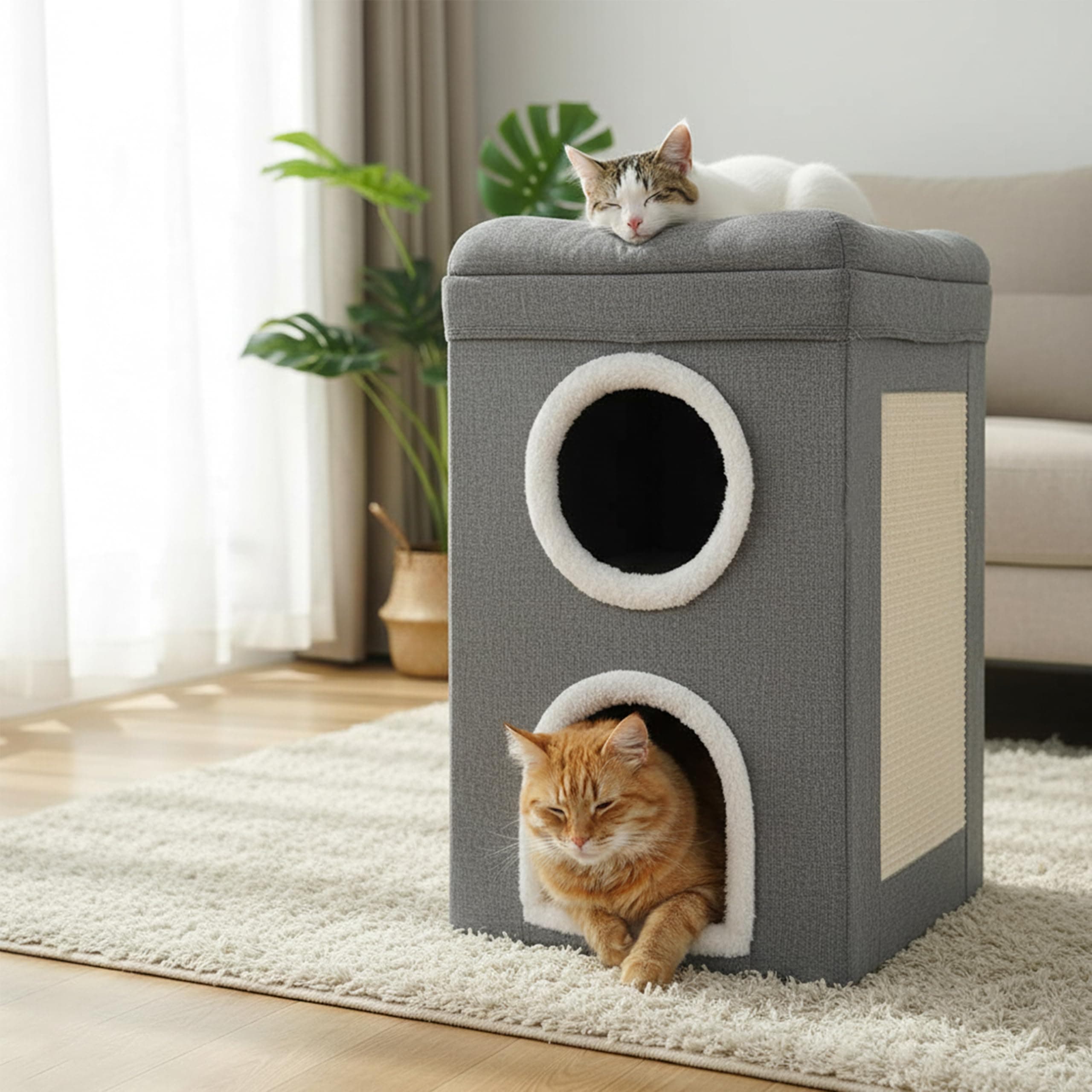 GEEZY 2 Tier Indoor Cat House with Scratch Pad - Large Foldable Double Cat Cave & Soft Lounger Bed - Tall Collapsible Hideaway Igloo for Pet Kittens