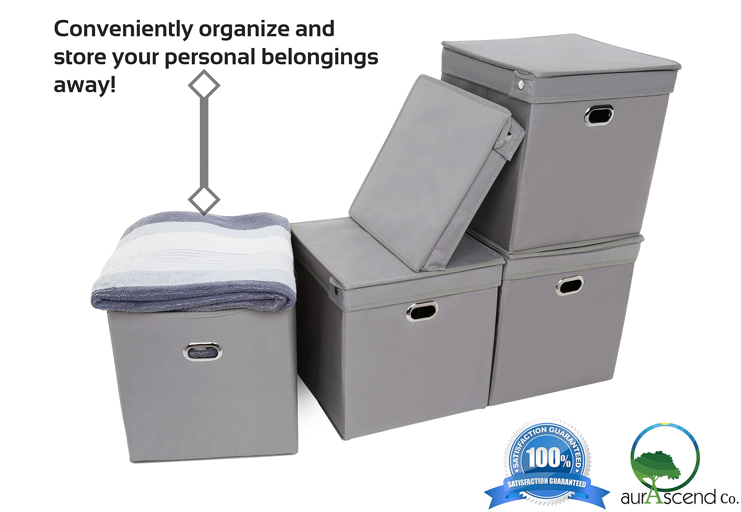 Foldable Collapsible Fabric Storage Basket Bin Cube with Lid and Two Side Dual Metal Eyelets Handles by aurascend Company - Best Decorative Closet Shelf Organizer Drawer System