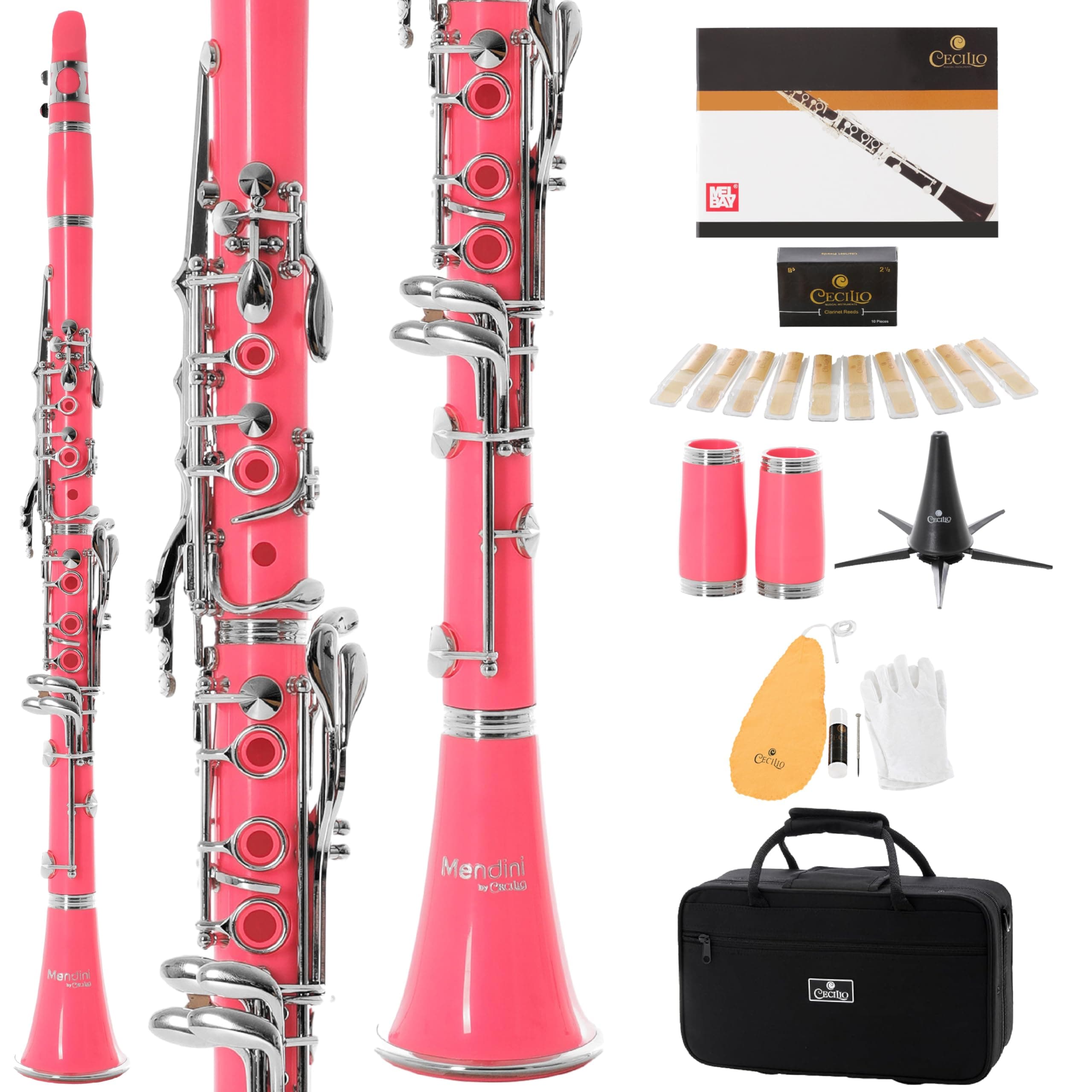 Mendini by Cecilio B Flat Clarinet for Beginner, Ebonite Bb Clarinet with 2 Replaceable Barrels, 10 Reeds, Stand, Pocketbook, Mouthpiece, Hard Case, Gloves (Pink)
