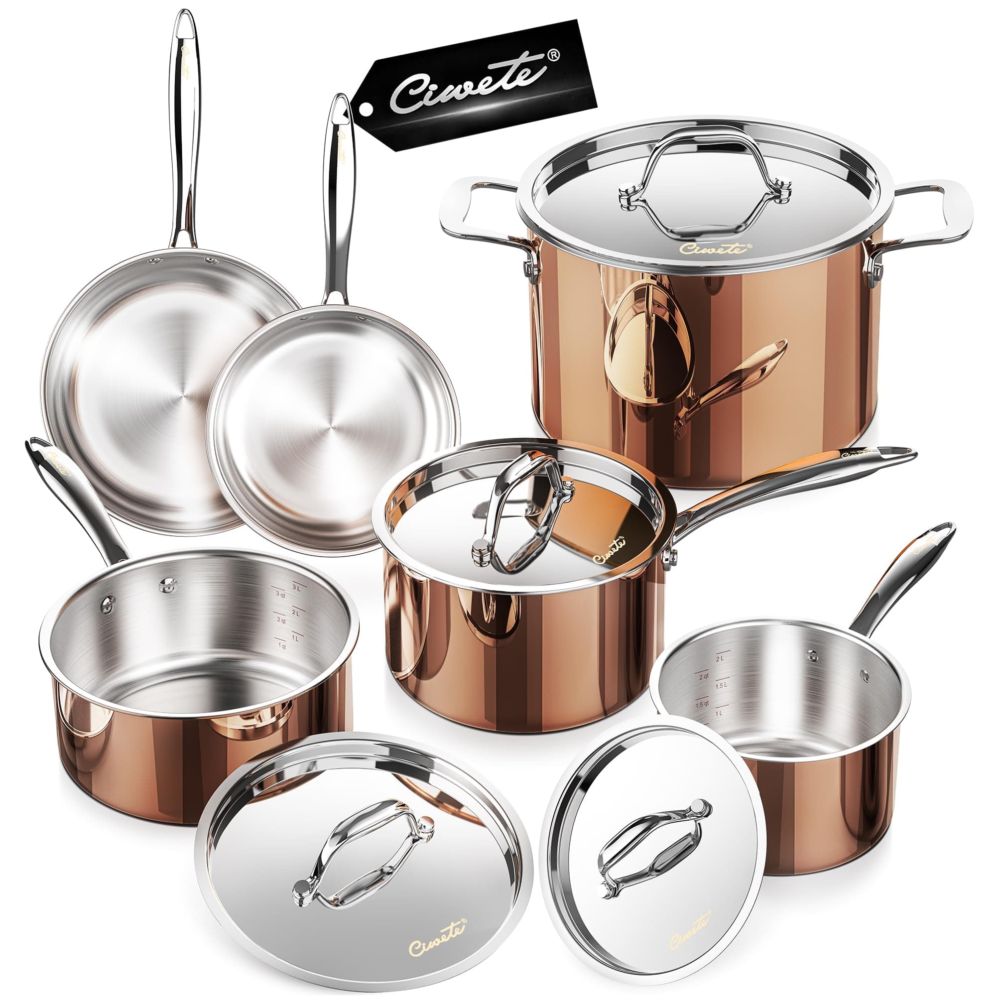 Ciwete Copper Pots and Pans Set Tri-ply Cookware Set 10 Piece, 18/10 Stainless Steel Pot and Pan Set with Stainless Steel Lid, More Nutritious, Include Stock Pot, Saucepan, Fry Pan