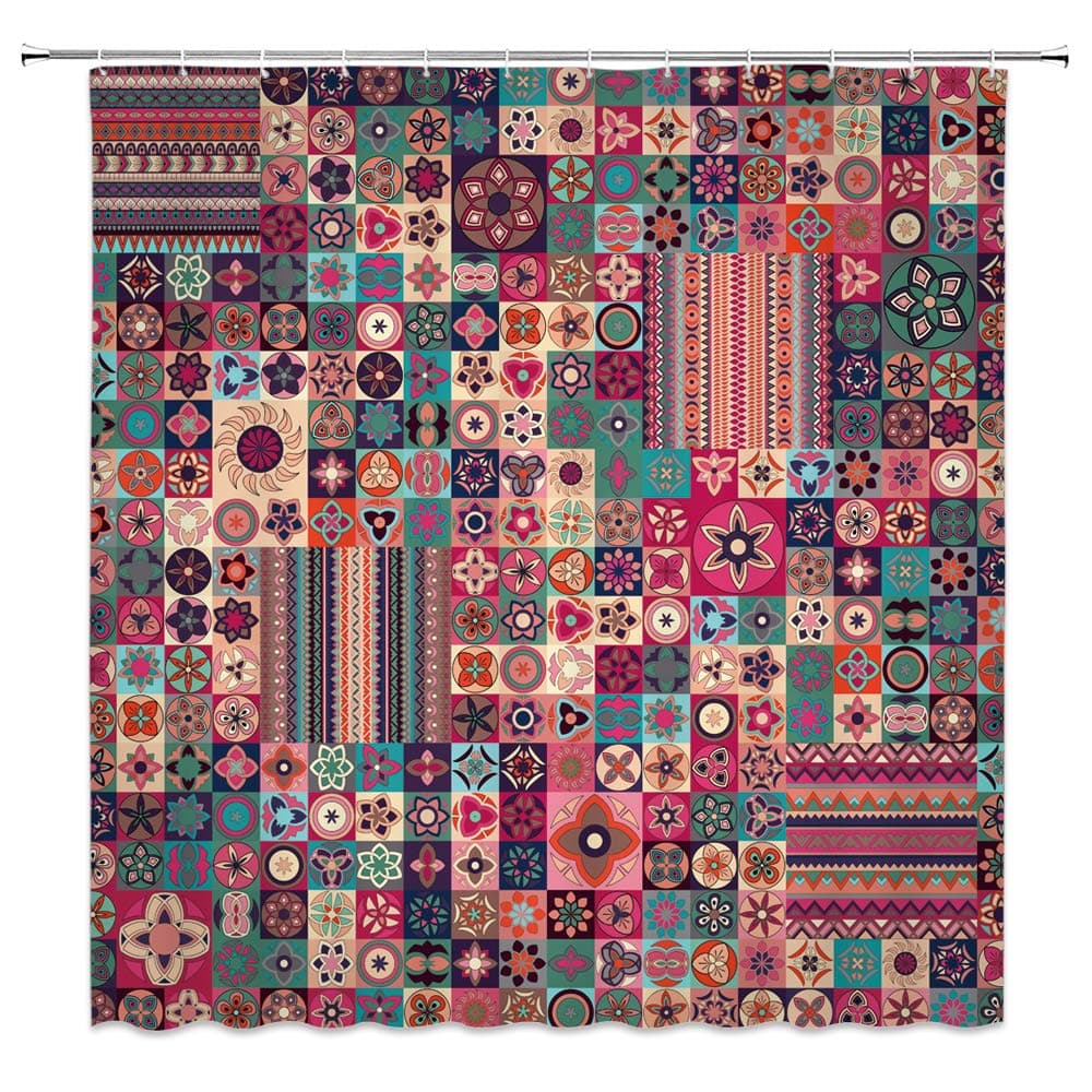 Morocco Shower Curtain Mandala India Patchwork Pattern Flowers Bright Color Tribal Nation Exotic Style Printing Bathroom Decoration Curtains Polyester Fabric with Hook 70 x 70 Inch