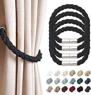 NICEEC 4 Pack Strong Magnetic Curtain Tiebacks Modern Simple Style Drape Tie Backs Convenient Decorative Weave Rope Curtain Holdbacks for Thin or Thick Home & Office Window Draperies (Black)