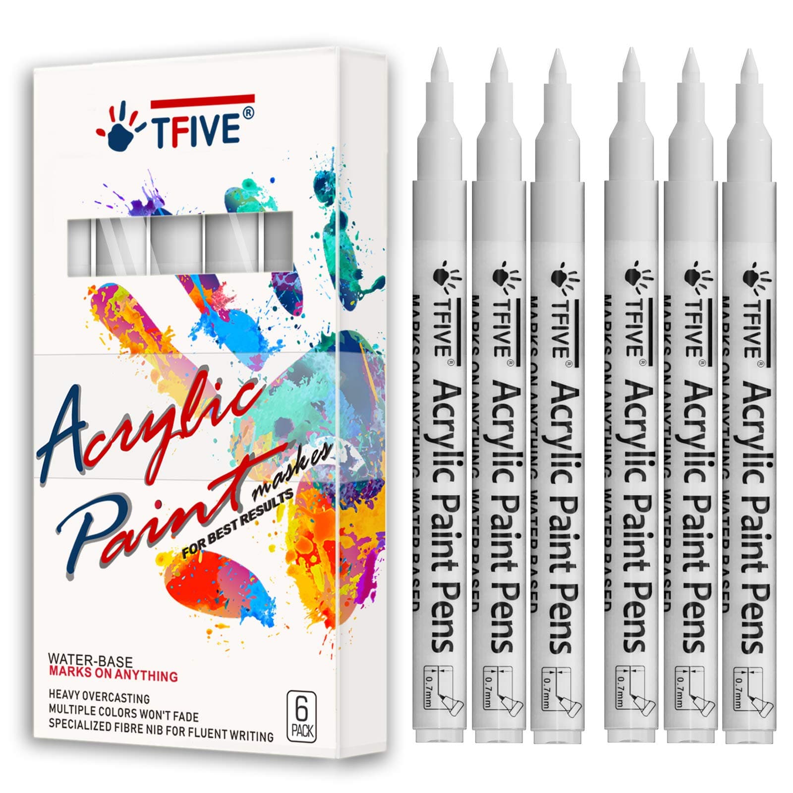 White Marker Paint Pens - 6 Pack Acrylic White Permanent Marker, 0.7mm Extra Fine Tip Paint Pen for Art projects, Drawing, Rock Painting, Stone, Ceramic, Glass, Wood, Plastic, Metal, Canvas DIY Crafts