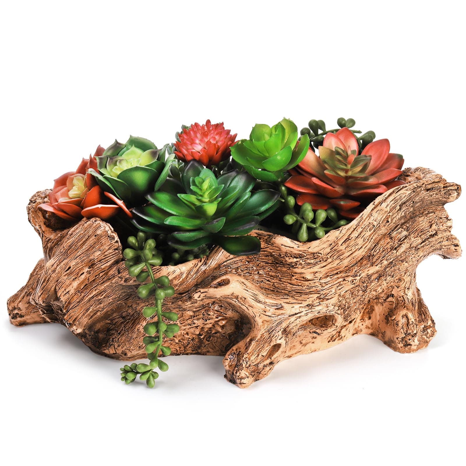 TeberyArtificial Driftwood Planter, Vintage Cactus Container with Drainage Hole, Creative Imitation Sculpture Resin Succulent Flower Pot for Herb, Strawberry, Small Plants
