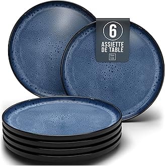 Stoneware Plates Large Set of 6 Ibiza Test Very Good – Elegant Dinner Plates Dishwasher and Microwave Safe – Crockery Set for 6 People, Dinner Plates – Black with Deep Blue