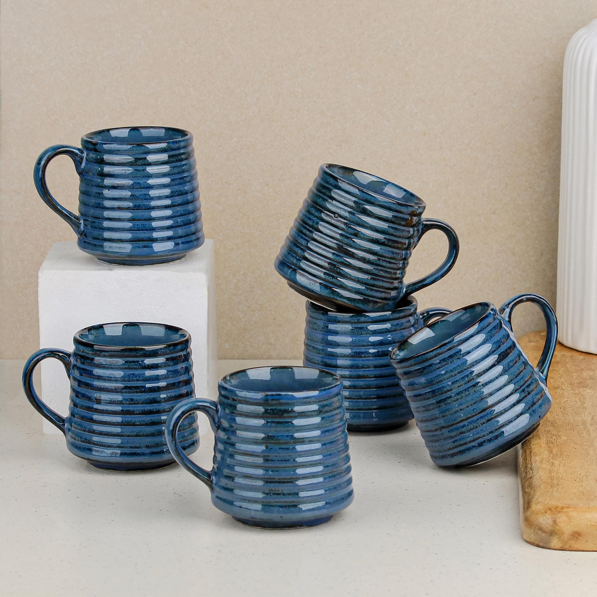 The Earth Store Blue Ring Ceramic Tea Cup Set of 6, 220 ML Each, Microwave and Dishwasher Safe Coffee Cups | Cup Set of 6 for Tea | Tea/Chai Cups for Gifting, Home & Office Use, Every Occasion