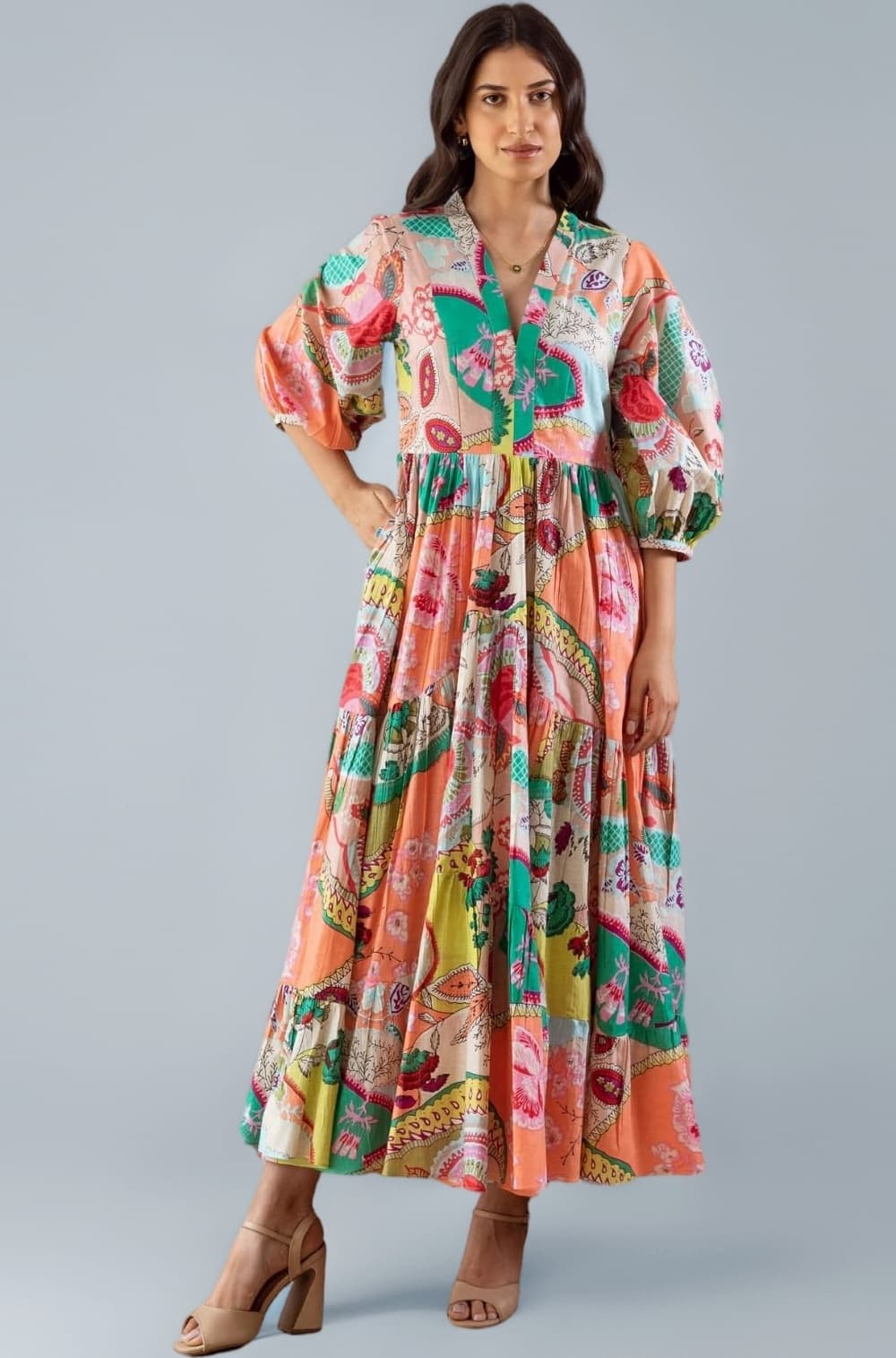 Women's Printed Boho Maxi Dress | Long Flared Style with Full or Puff Sleeves | Ethnic Pattern Gown for Festive, Holiday & Everyday Wear