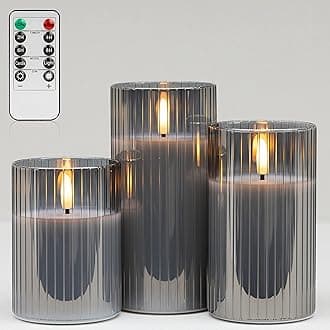 ANGELLOONG Gray Glass Battery Operated Flameless Candles with Remote, LED Flickering Pillar Candles with Timer, Fake Electric Candles for Home Bathroom Shelf Decor, Set of 3