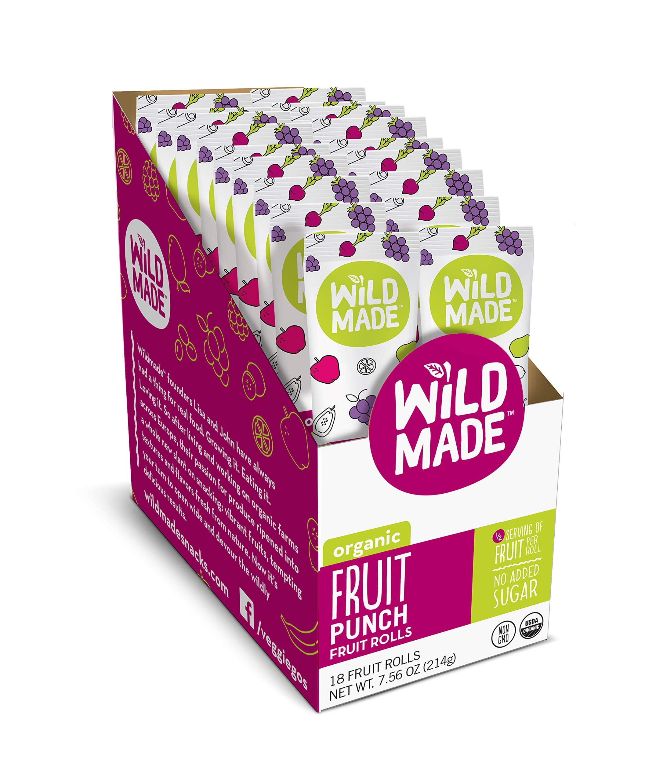 Wildmade Fruit Rolls (Fruit Punch) Organic Fruit Snacks with No Added Sugar for Kids and Adults - Gluten-Free, Non-GMO, Vegan - 18 Pack