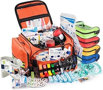 Scherber Fully-Stocked First Responder Professional Advanced EMT/EMS Trauma Kit | HSA/FSA Approved | Reflective Bag w/10+ Compartments, Zippered Pockets & 250+ First Aid Supplies (Orange)