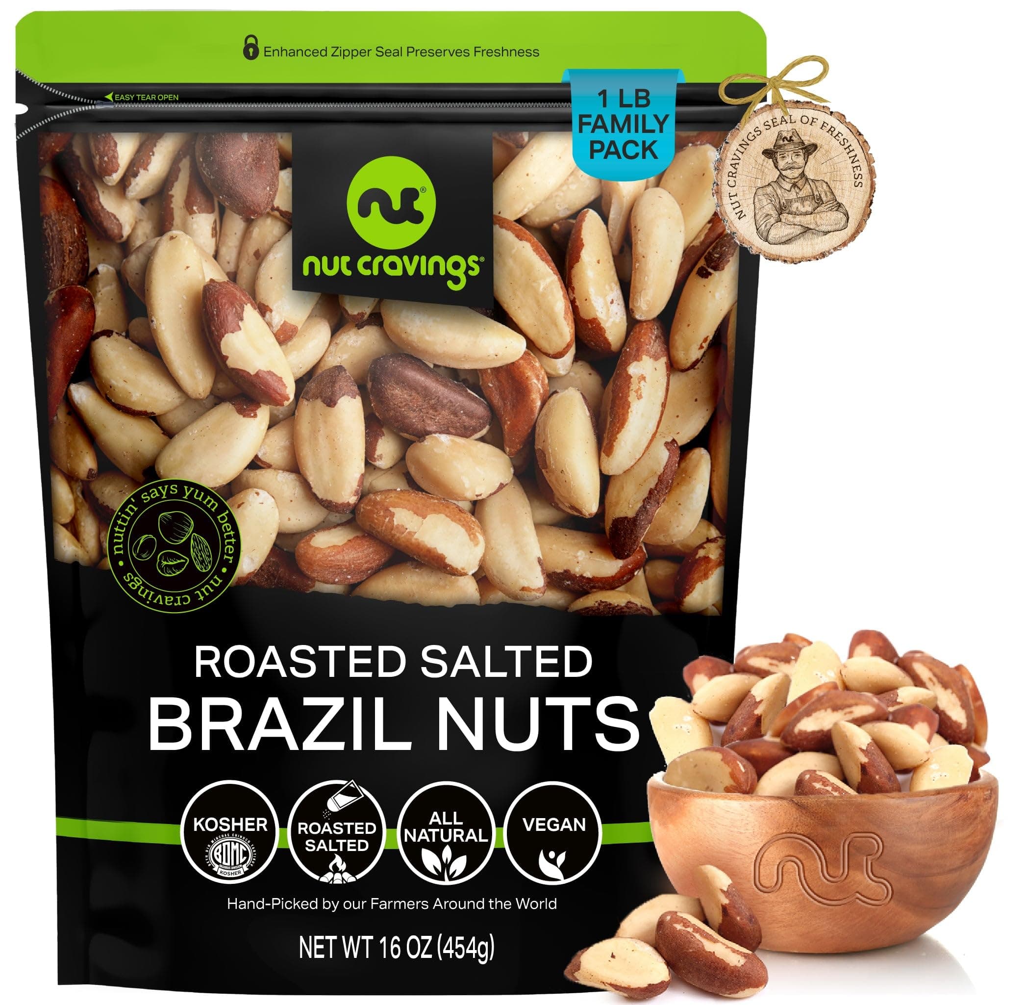 NUT CRAVINGS - Brazil Nuts Roasted & Salted - No Shell, Whole (16oz - 1 LB) Packed Fresh in Resealable Bag - Healthy Protein Food Snack, Food Assortments