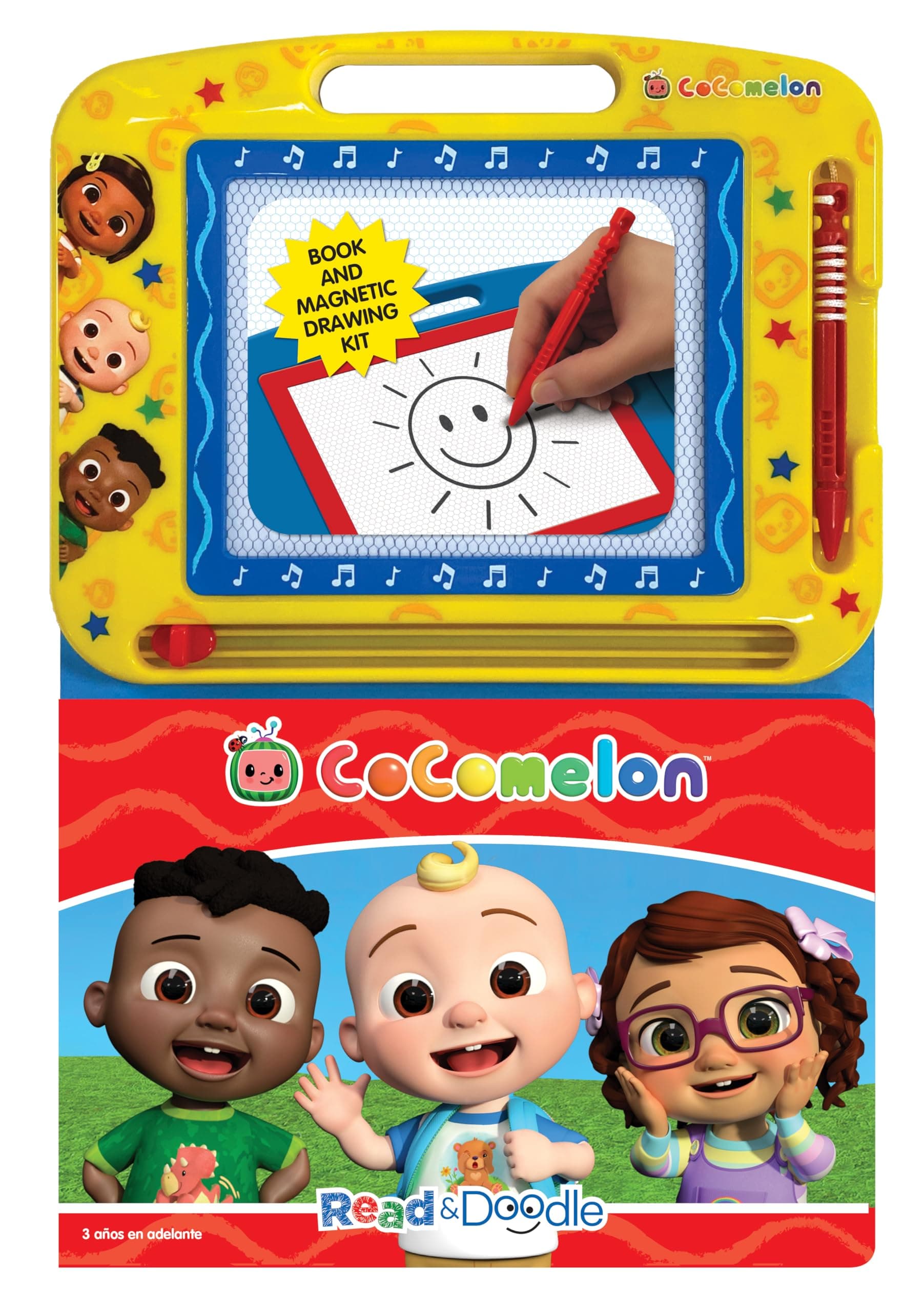 Cocomelon Read & Doodle - Learning resources for kids, a magnetic drawing pad, an easy-to-use pen, 22-page board book for reading and drawing