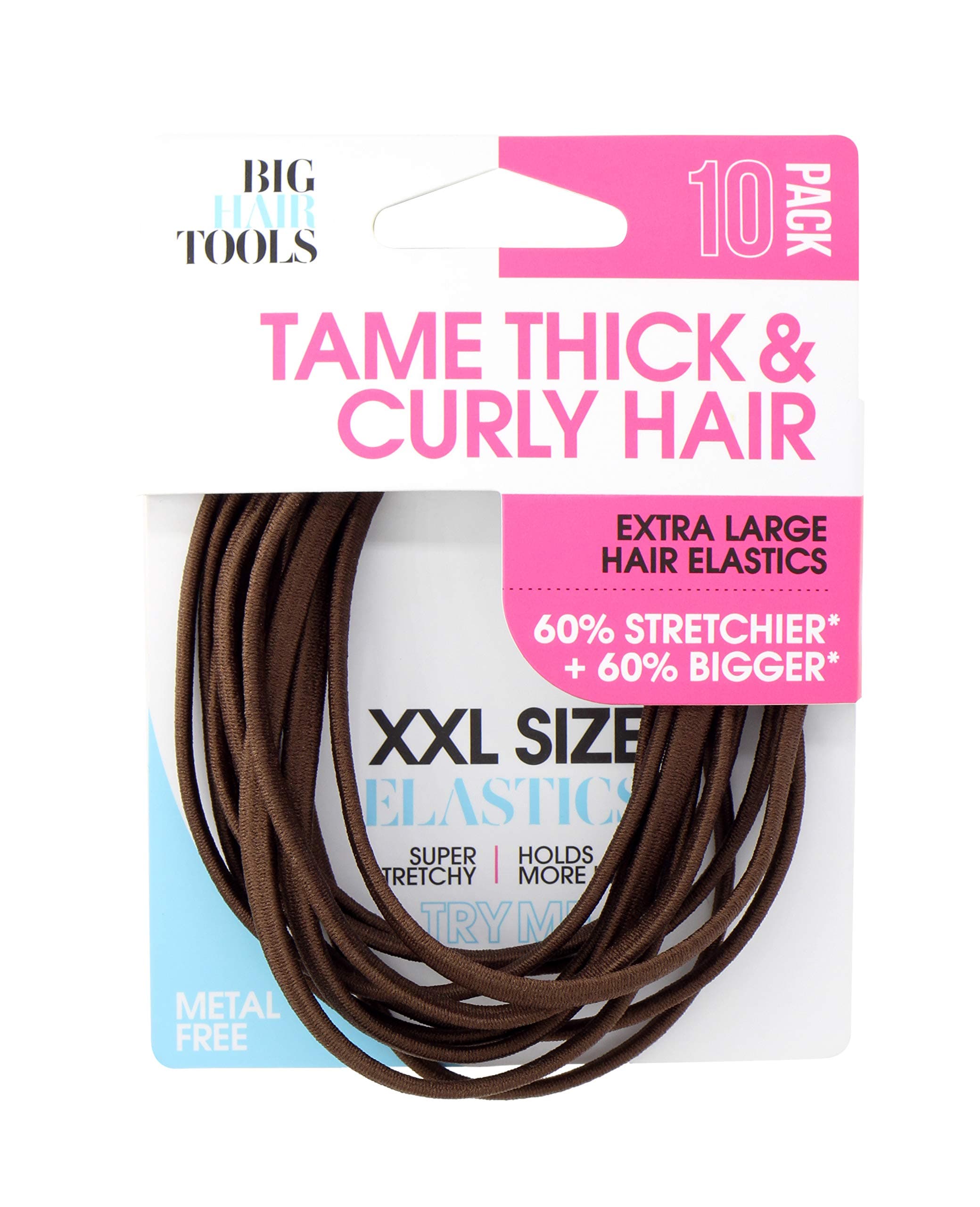 Big Hair Tools XXL Size Elastics Flat Pack, Brown, (Pack of 10)