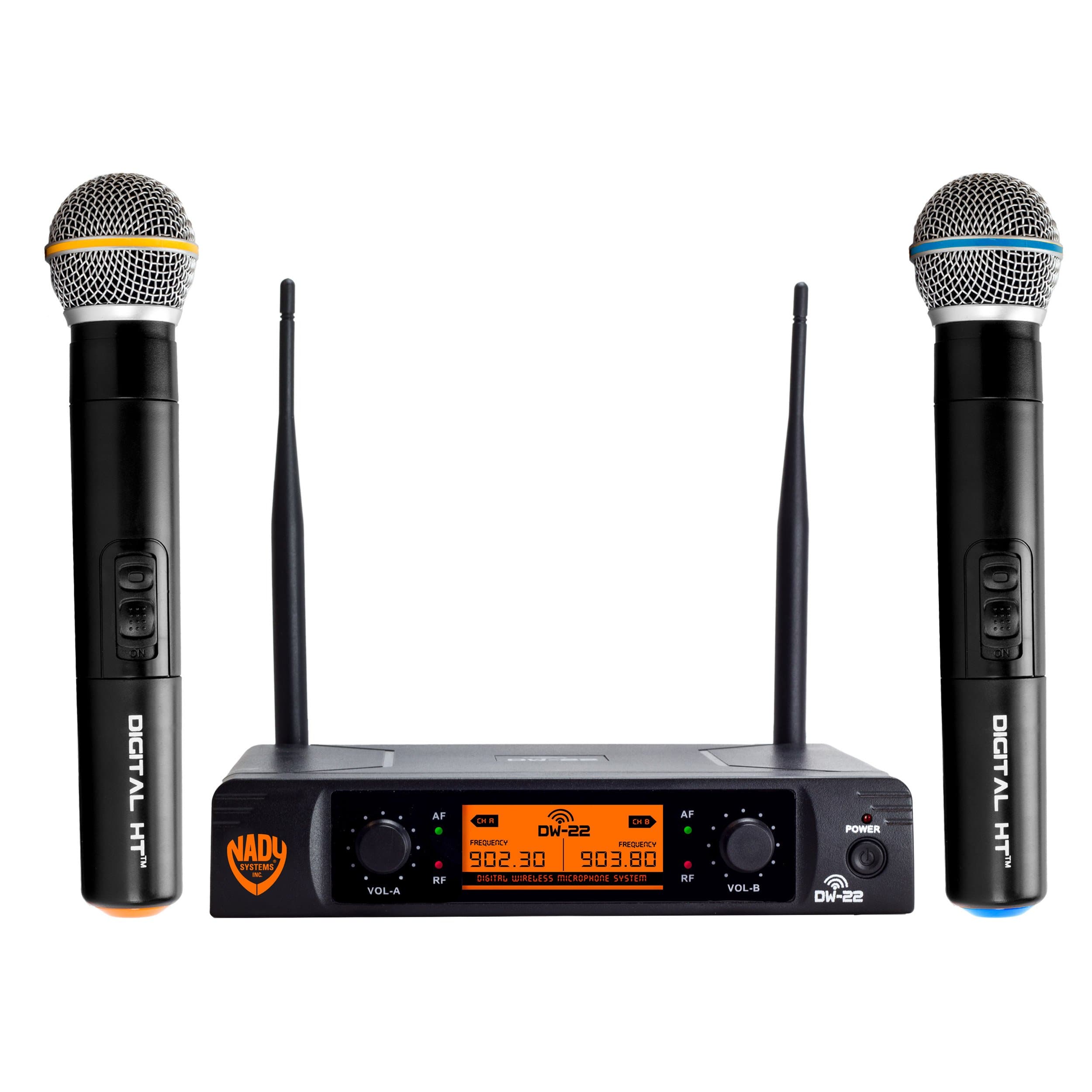 DW-22-HT Dual Digital Wireless Handheld Microphone System – Dual fixed UHF frequency – Ultra-low latency with QPSK modulation - Dual XLR and mixed ¼” outputs