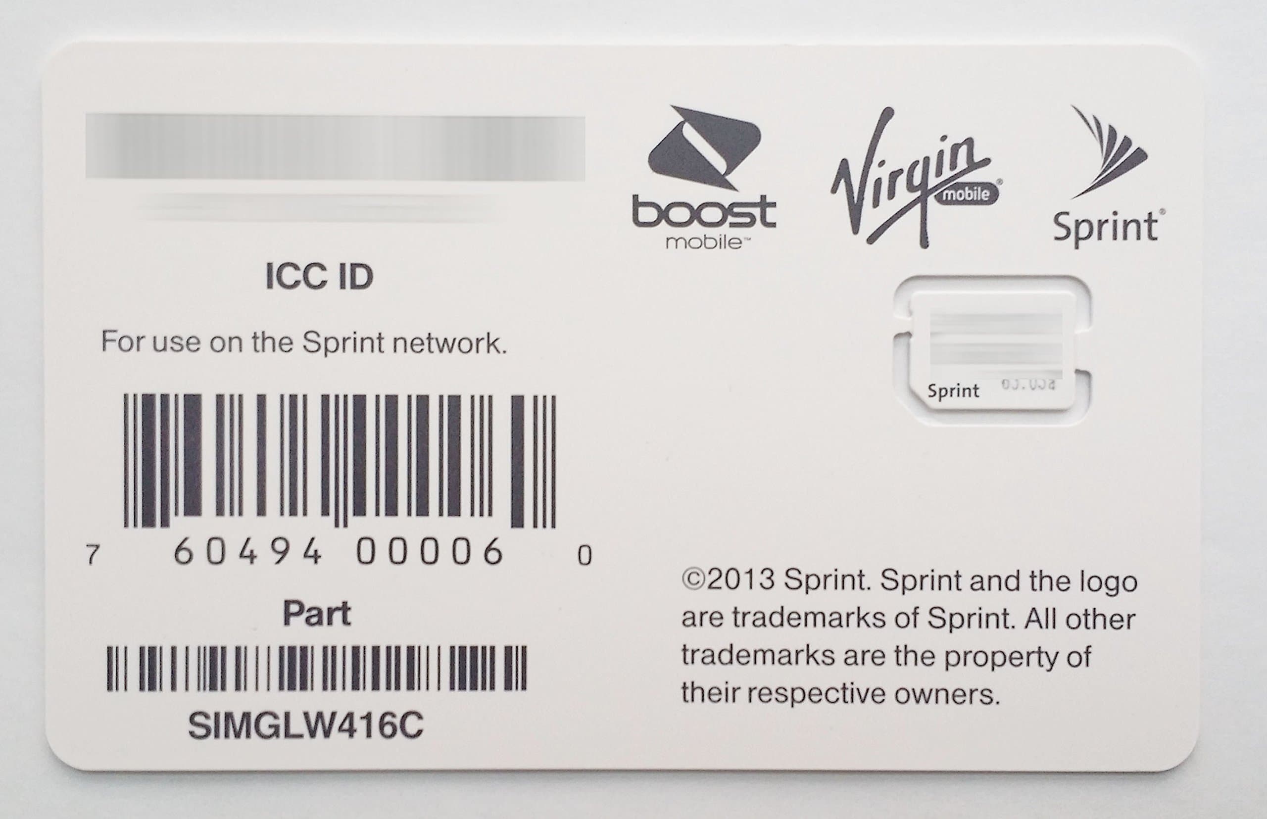 Sprint Boost Virgin Mobile iPhone 5s & 5c Nano SIM Card ICCID SIMGLW416C
