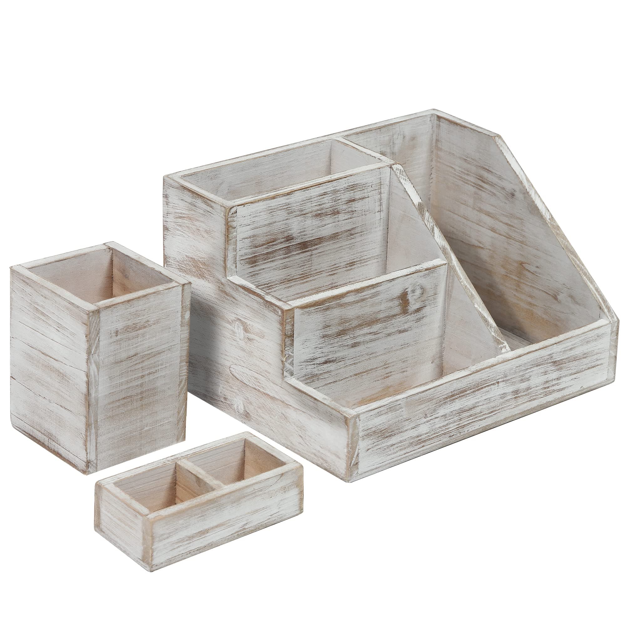Rustic 3-Piece Desk Organiser Set - Whitewashed - For Stationery, Letters, & Mail - Storage for Home & Office Supplies with Pen Holder Cup & Holding Tray - Pine Wood