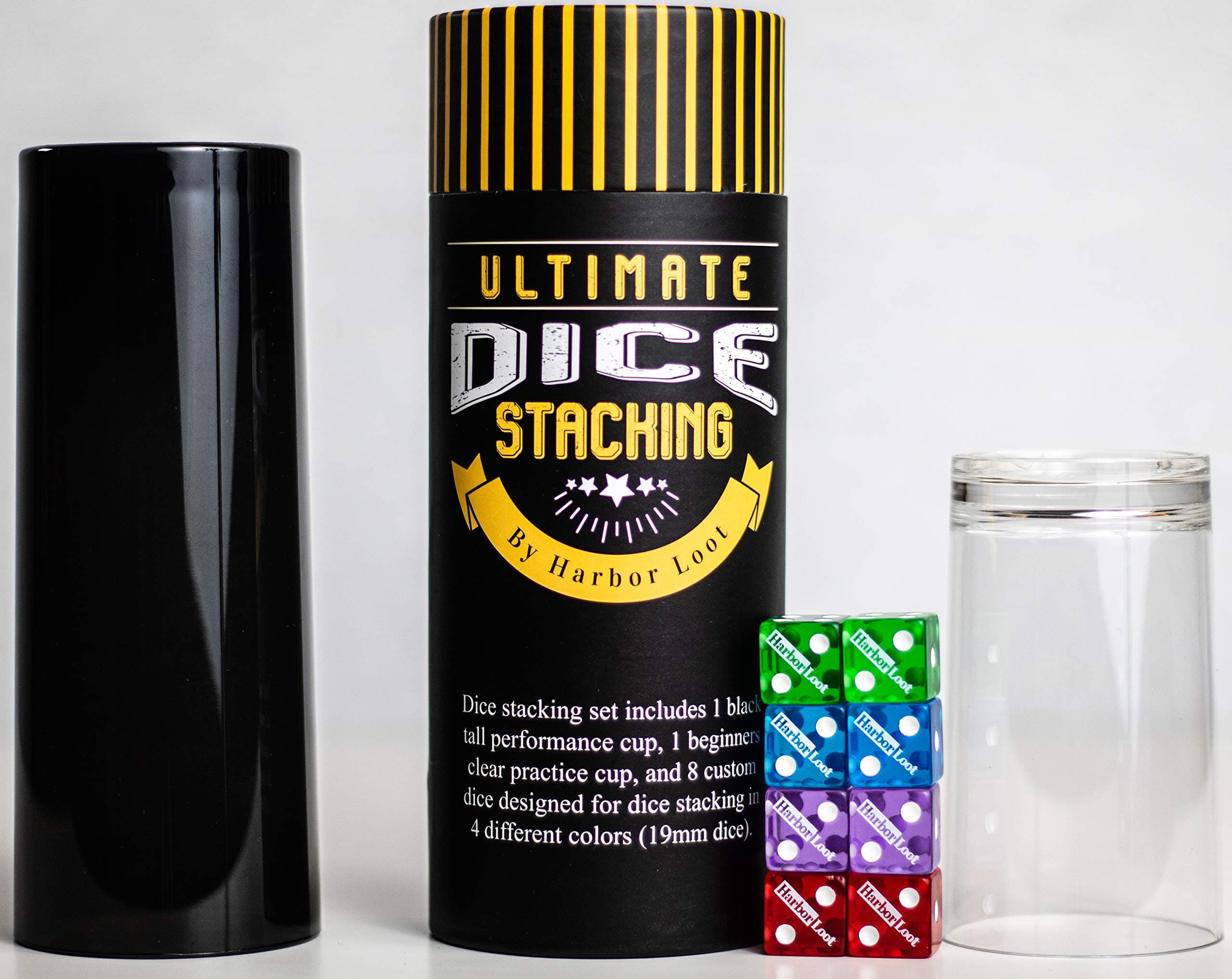 Dice Stacking Set Includes 8 Large 19mm Dice, 1 Short Beginner's Stacking Cup, 1 Tall Advanced Stacking Cup, Plus Storage Tube