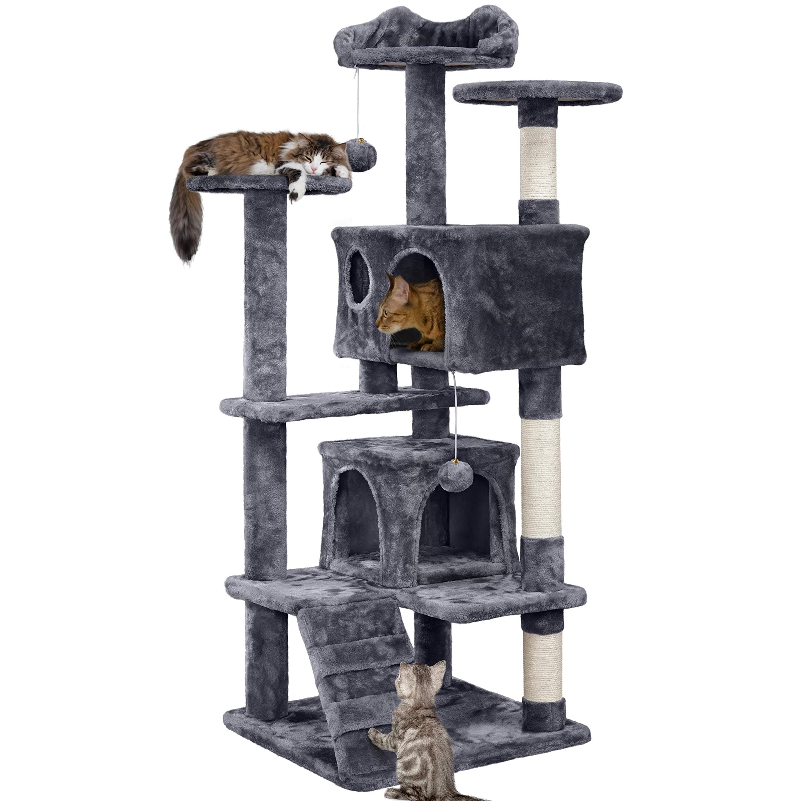 Yaheetech 138.5cm Cat Tree Tower Scratching Posts Multilevel Cat Climbing House with Condos & Ladder Pet Activity Centre for Indoor Kittens, Dark Grey