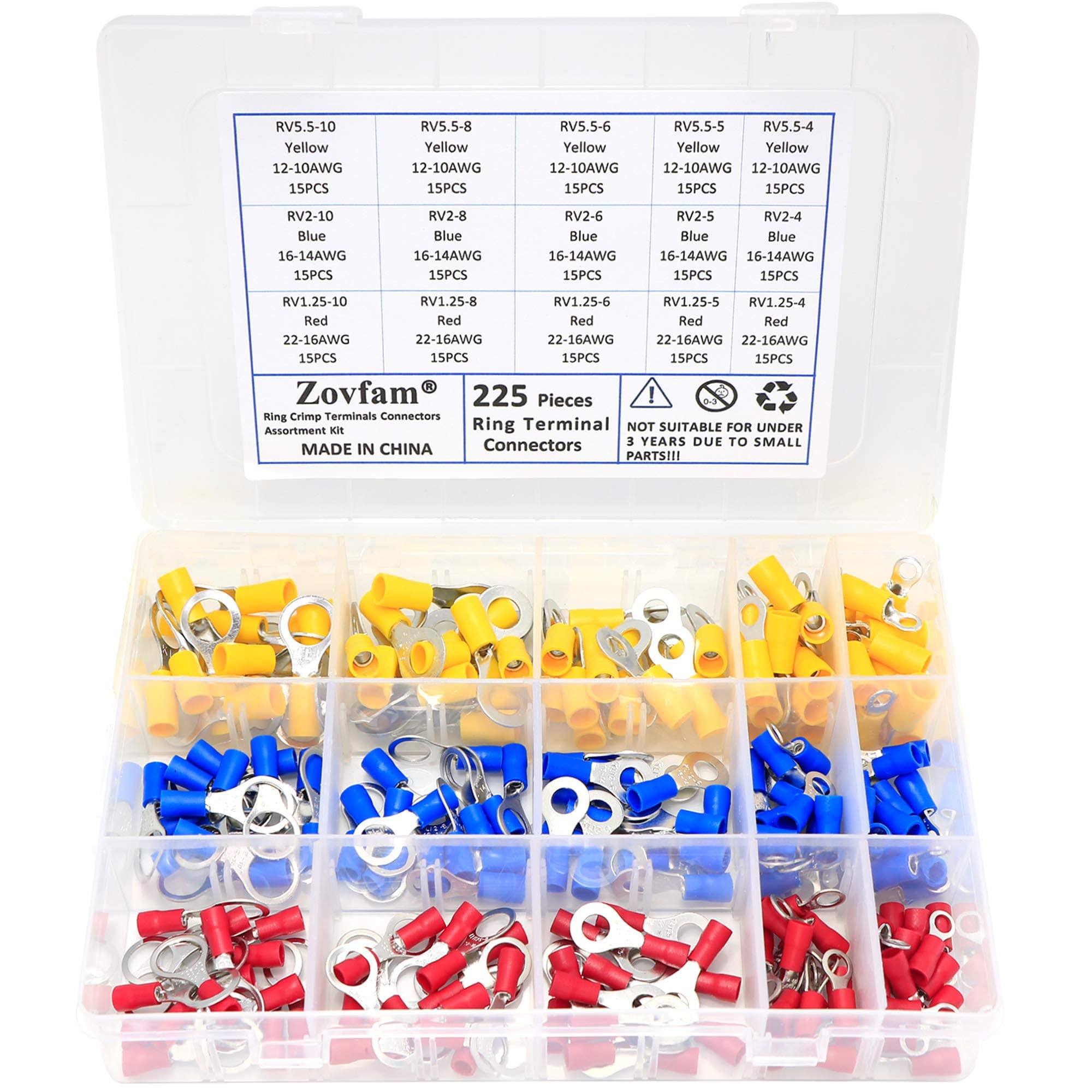 225 pcs Ring Terminals Electrical Wire Crimp Connectors Assortment Kit Yellow, Blue, Red