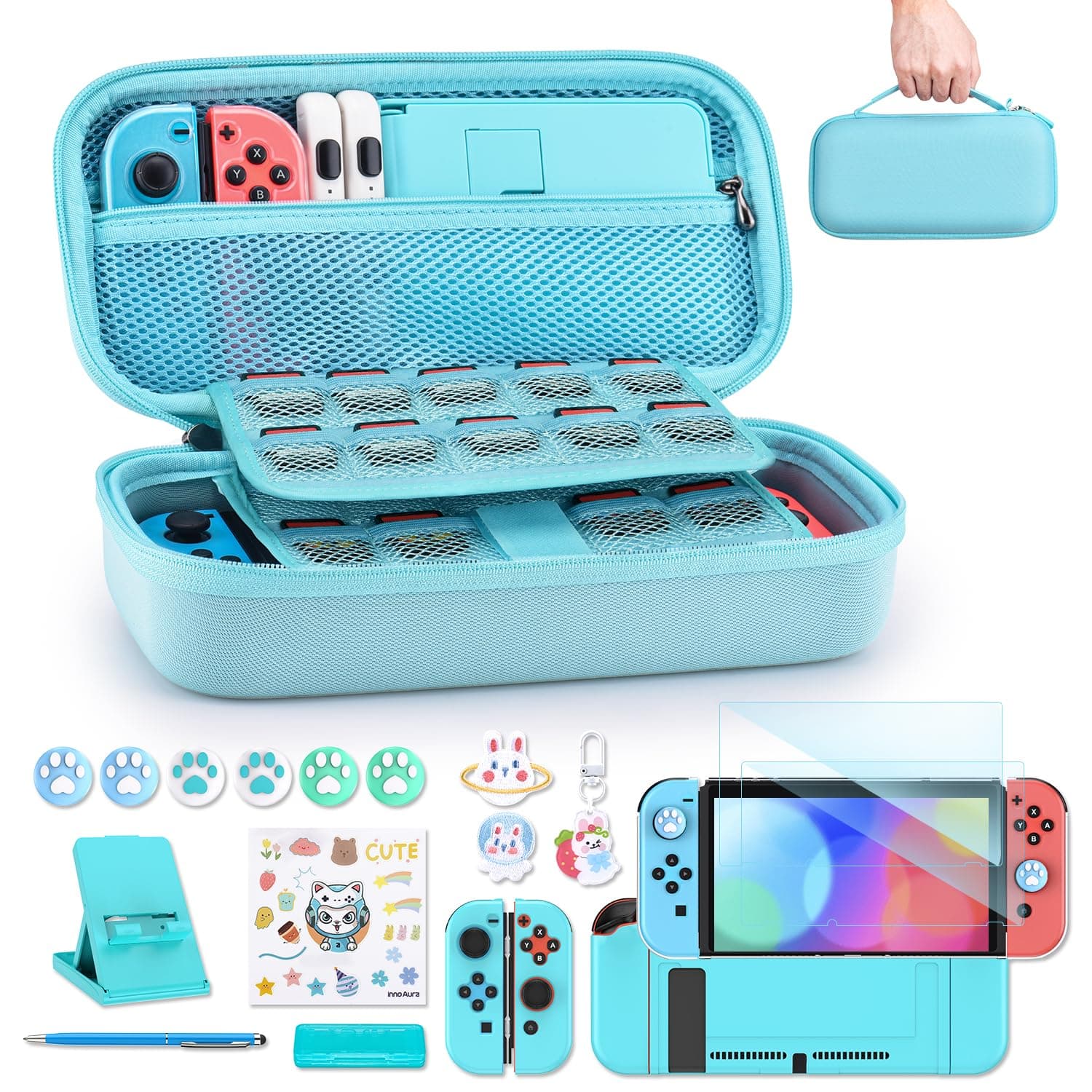 innoAura Switch Case 19-in-1 Bundle for NS Switch (2017), with Carrying Case, Game Organizer, Screen Protector, Stand and Thumb Grips, Blue