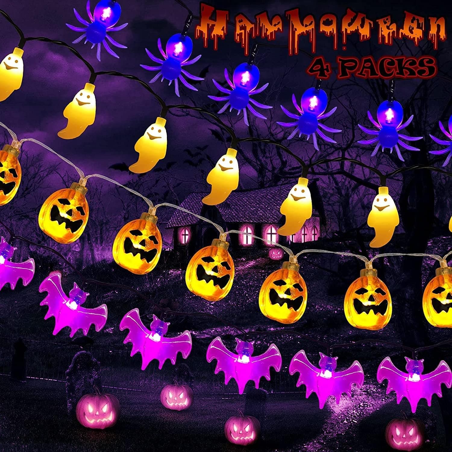Halloween String Lights Halloween Decoration Lights, 4 Sets 40 LED Battery Operated Decorative Lights Pumpkin Bat Spider Ghost String Lights Indoor Outdoor for Halloween Party Trick or Treat Décor