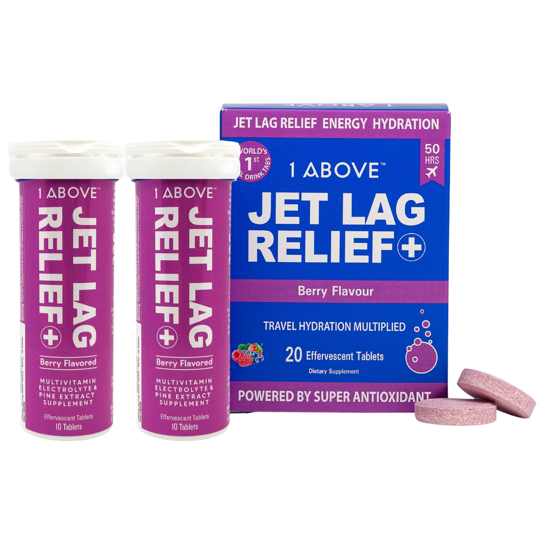 Anti Jet Lag Flight Effervescent Drink Tablets. Super Antioxidant - Pycnogenol + Vitamins + Electrolytes for Travel, Work and Party. 20 Count (2 Tubes) Berry