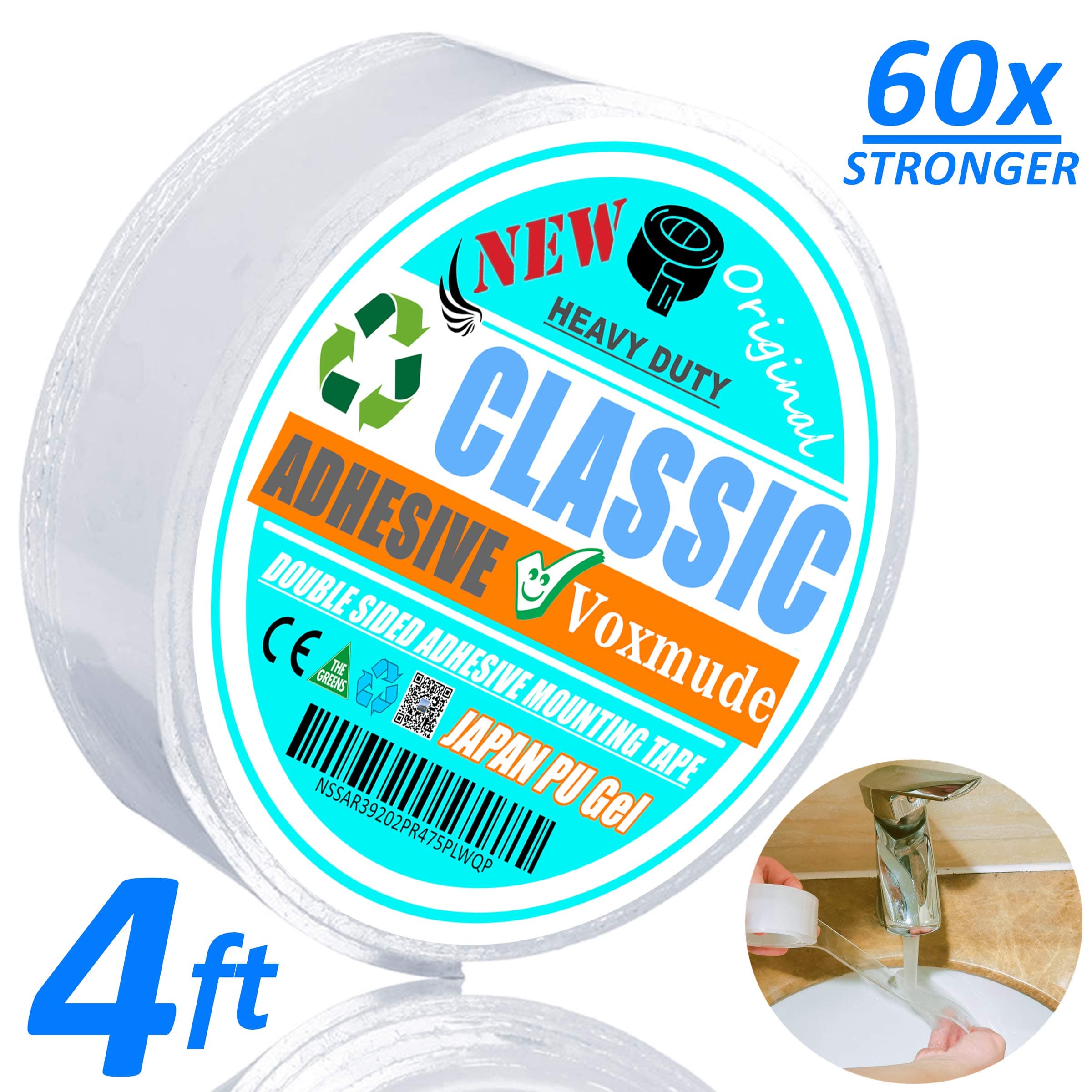 Double Sided Clear Adhesive Gel Grip Tape Removable Two Sided Washable Reusable Heavy Duty Mounting Transparent Tape Gripper for Carpet/Kitchen Rugs/Home Wall Decor/Bathroom/Office/RV Repair (4ft)