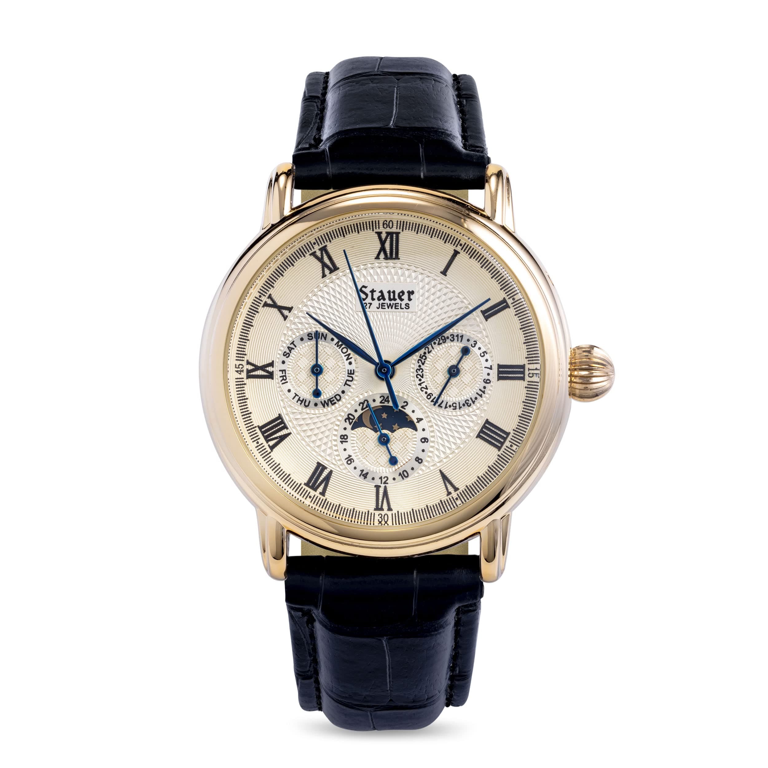 Magnificat II Automatic Watch for Men - 3 Interior Day, Date & 24-Hour Clock Dials - Stainless Case & Black Leather Band - Water Resistant