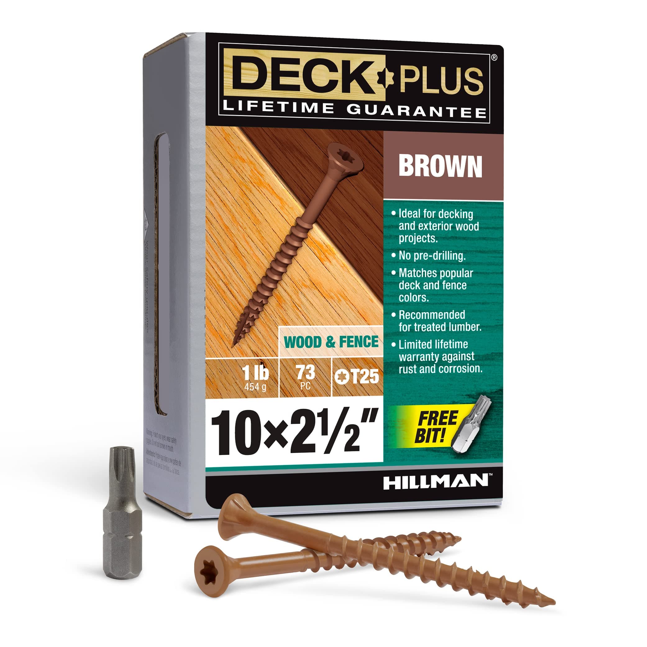 Deck Plus 2-1/2 Inch Epoxy Coated Exterior Wood and Fence Screws #10 x 2-1/2" Torx/Star Drive Included Coarse Thread, Outdoor Rust Resistant Decking Screw, Brown, 1lb Box, 73 Pieces | 48824
