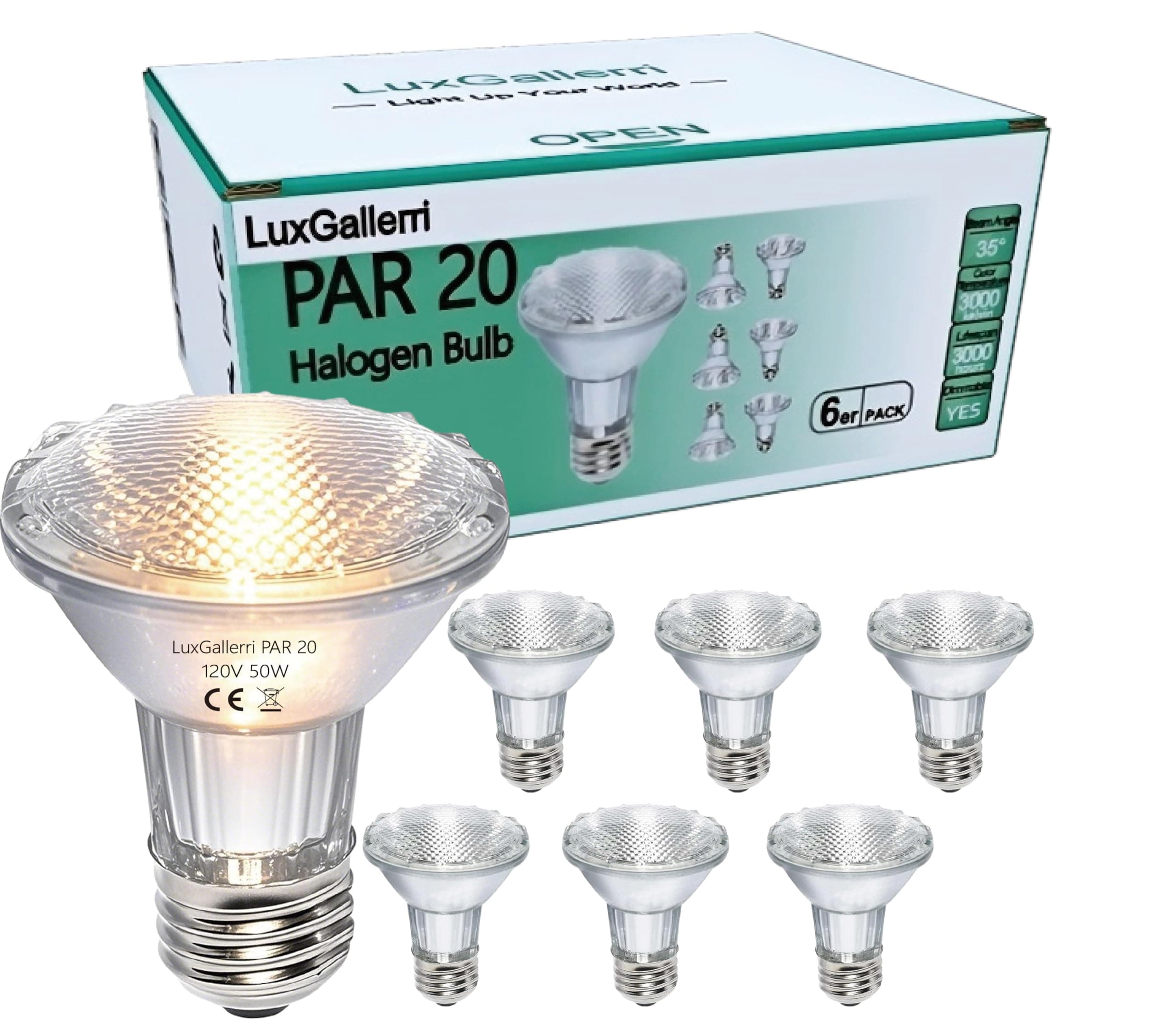 PAR20 Halogen Light Bulbs 6 Pack 120V 50w Dimmable, E26 Medium Base Flood Light Bulbs with 3000k Warm White,High Output Reflector for Kitchen Stove Hood and Range Hood Light Bulb.