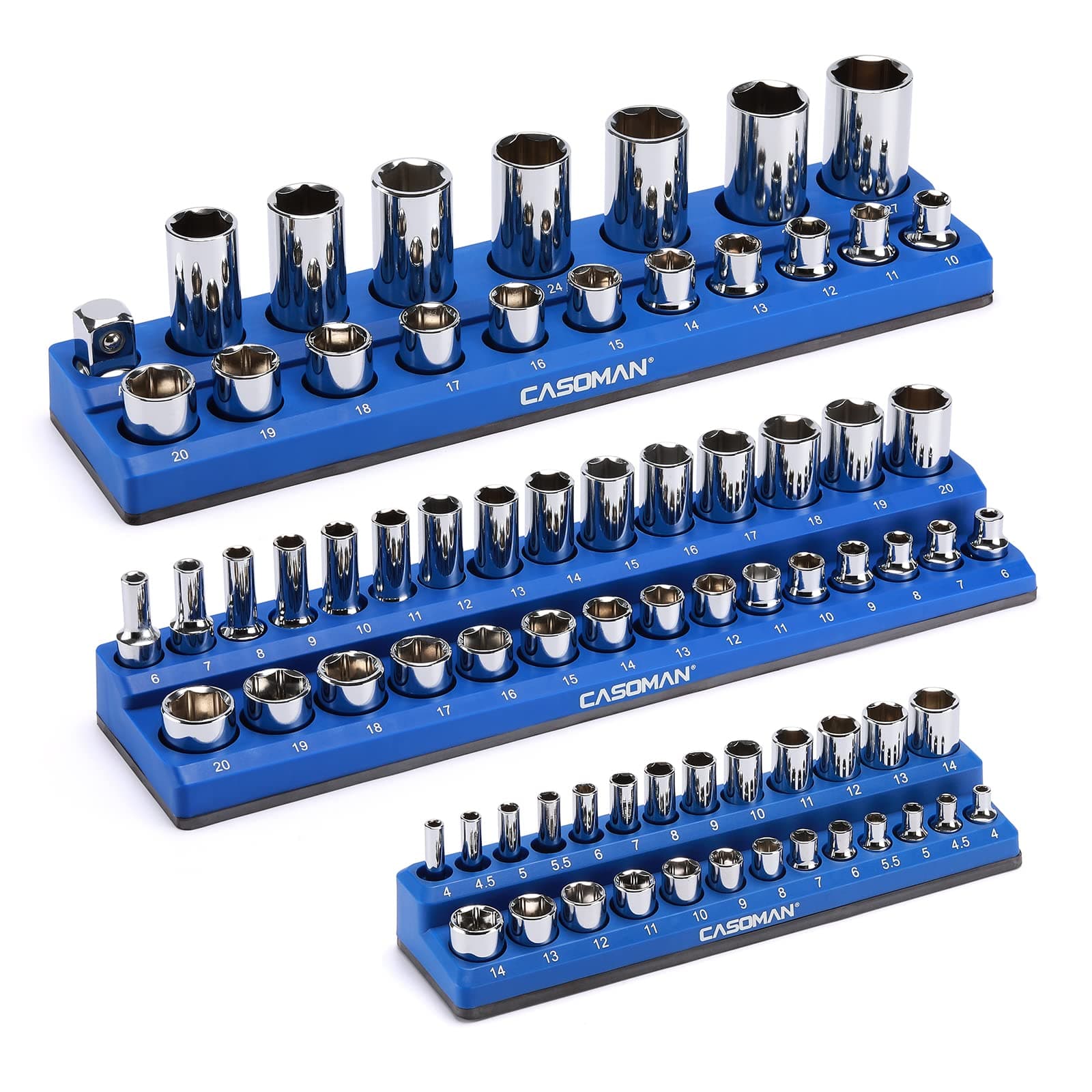 CASOMAN Magnetic Socket Organizer, 3 Piece Socket Holder Kit, 1/2-inch, 3/8-inch, 1/4-inch Drive, Holds 75 Metric Sockets, Blue Color, Professional Quality Tools Organizer, Socket Not Included